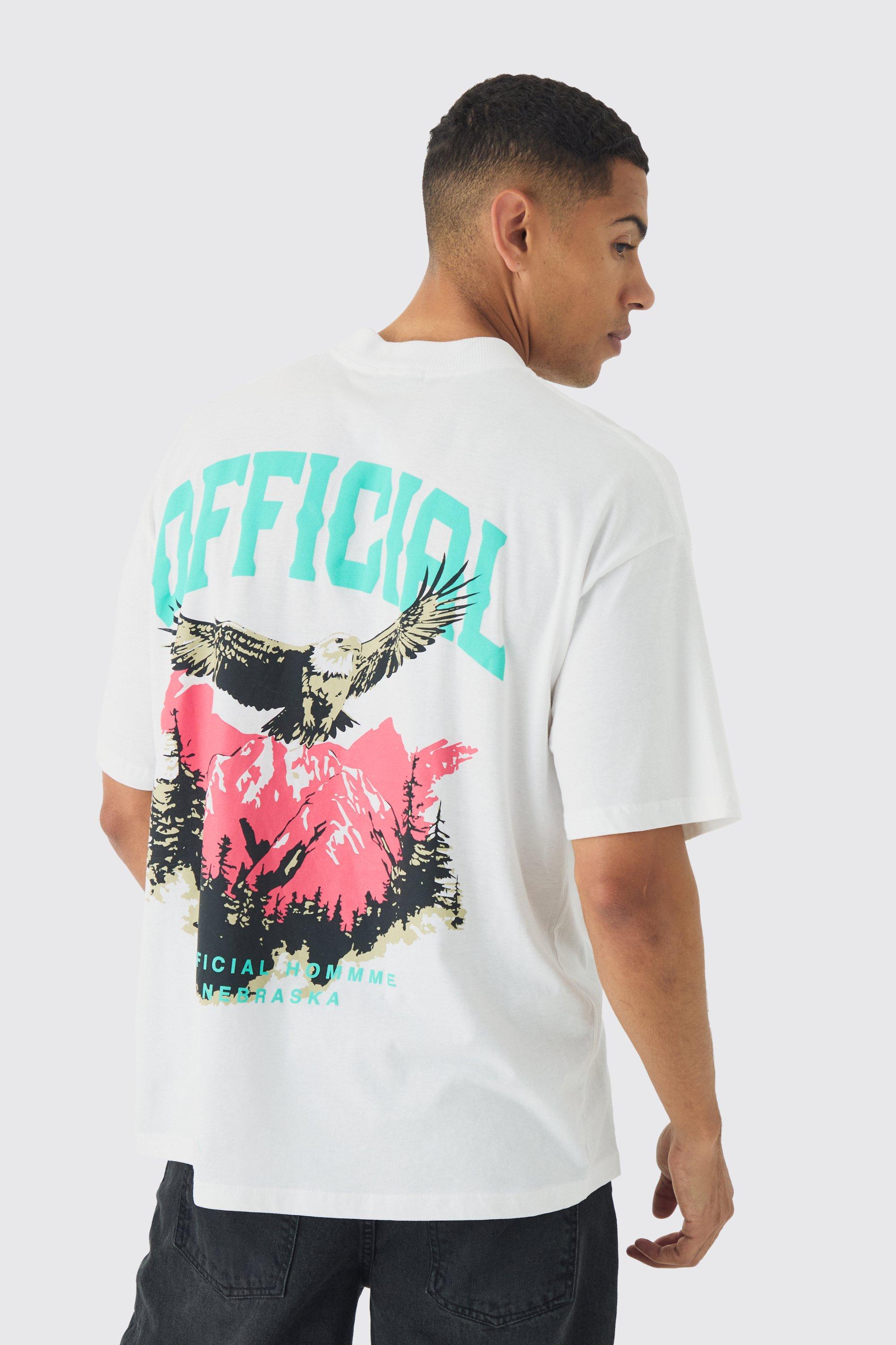 Mens White Oversized Boxy Extended Neck Eagle Back Print T-Shirt, White