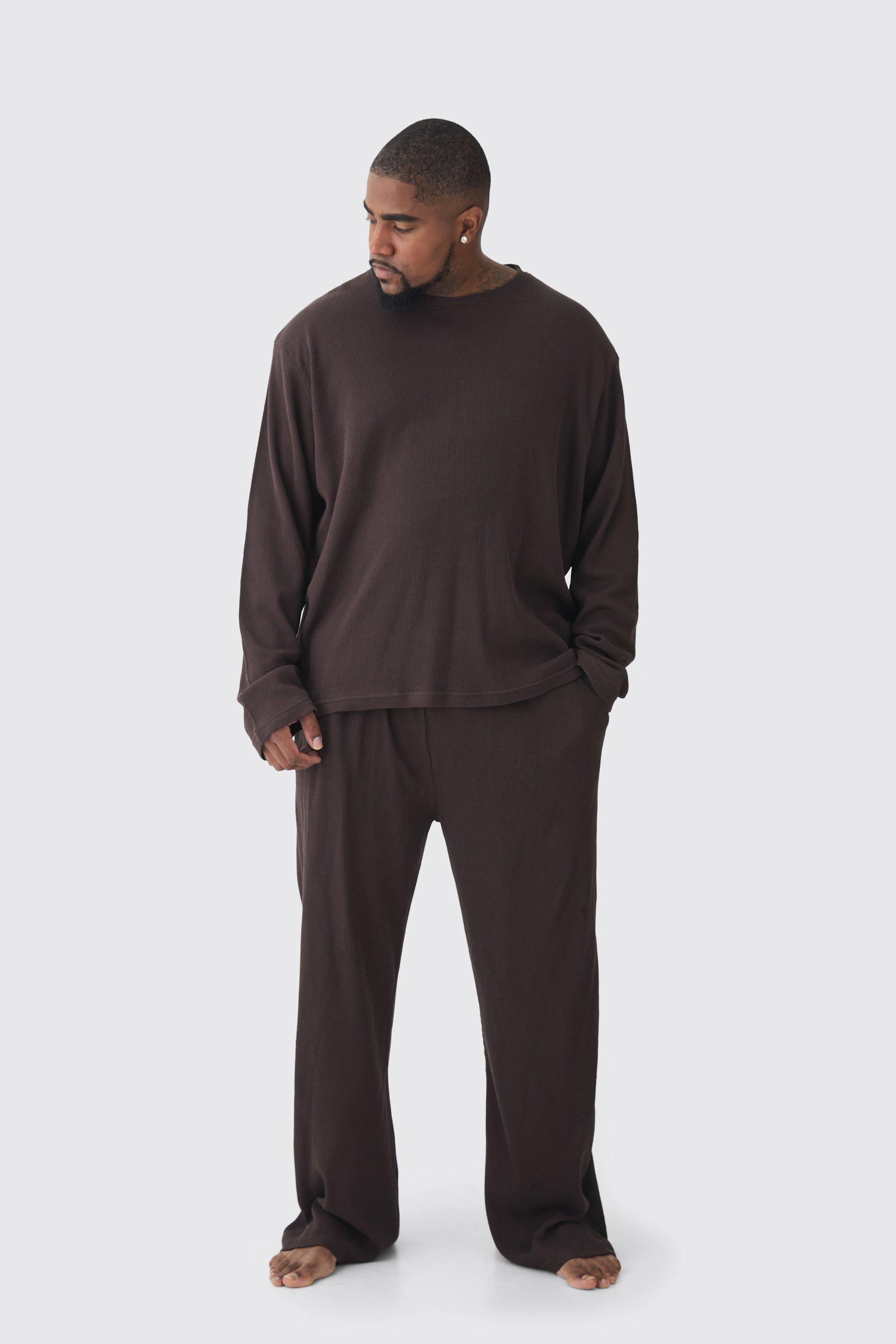 Mens Brown Plus Long Sleeve Waffle Lounge T-shirt & Jogger Set in Chocolate, Brown