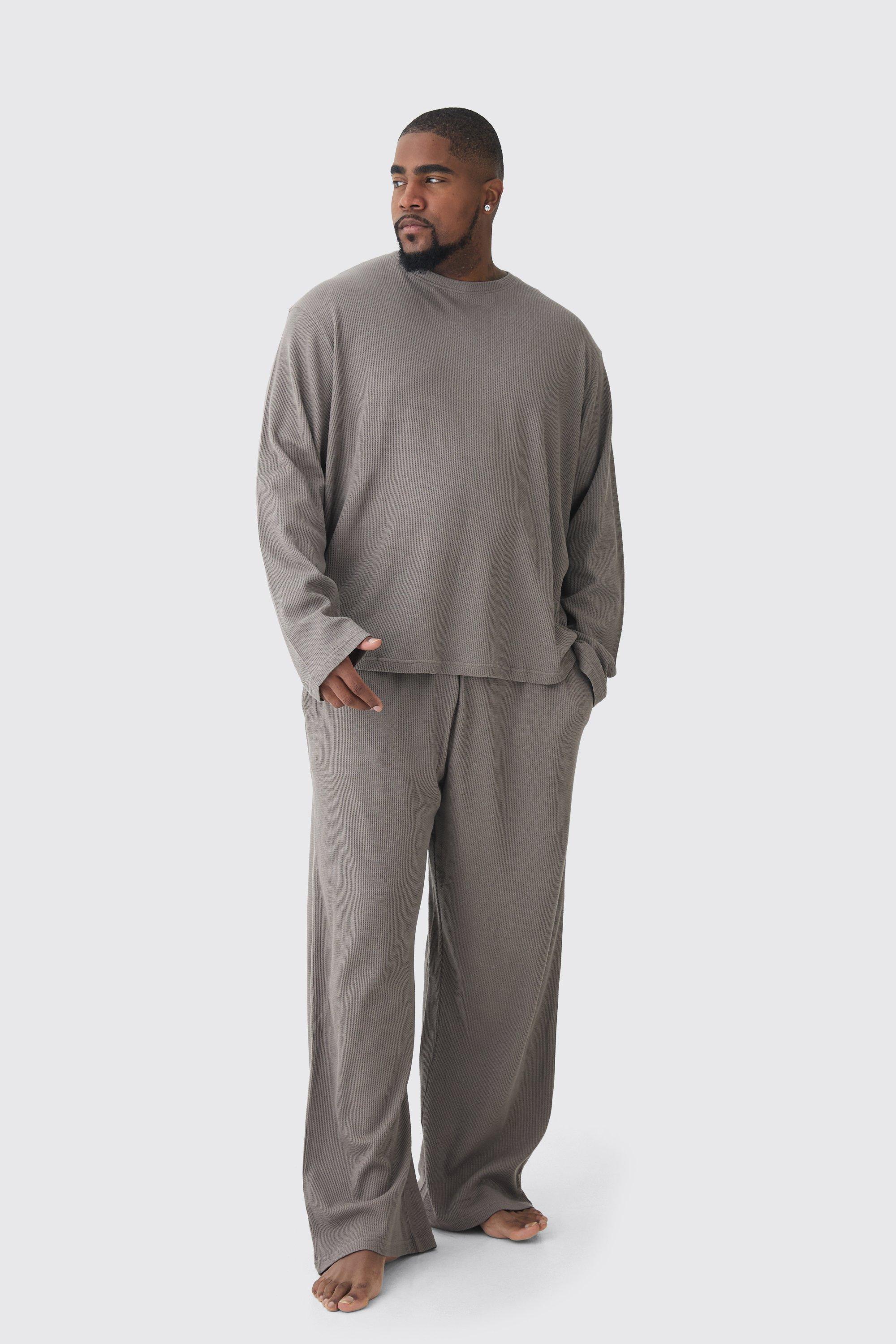 Mens Plus Long Sleeve Waffle Lounge T-shirt & Jogger Set in Grey, Grey