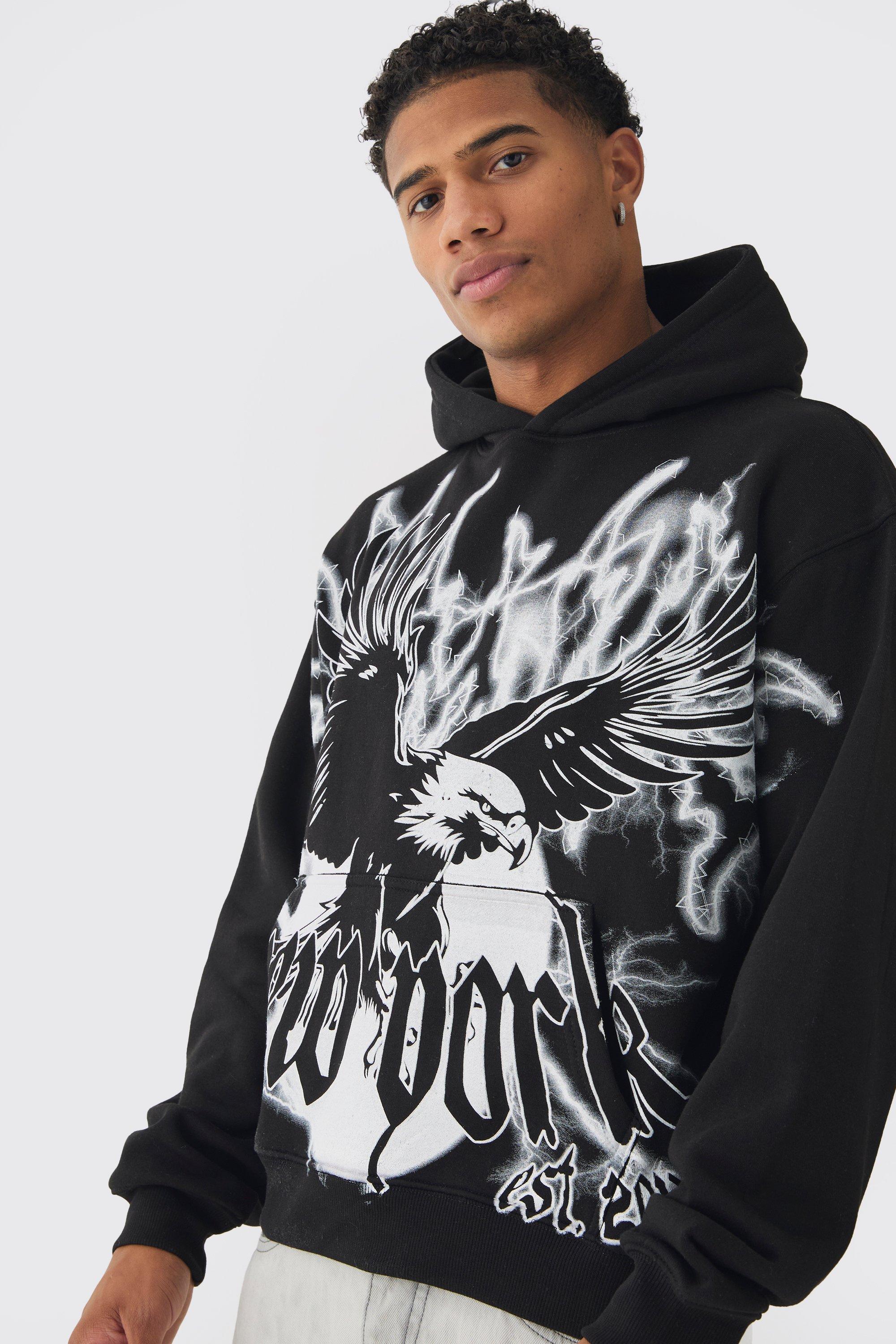 Mens Black Oversized Boxy Over The Seams Eagle Graphic Hoodie, Black