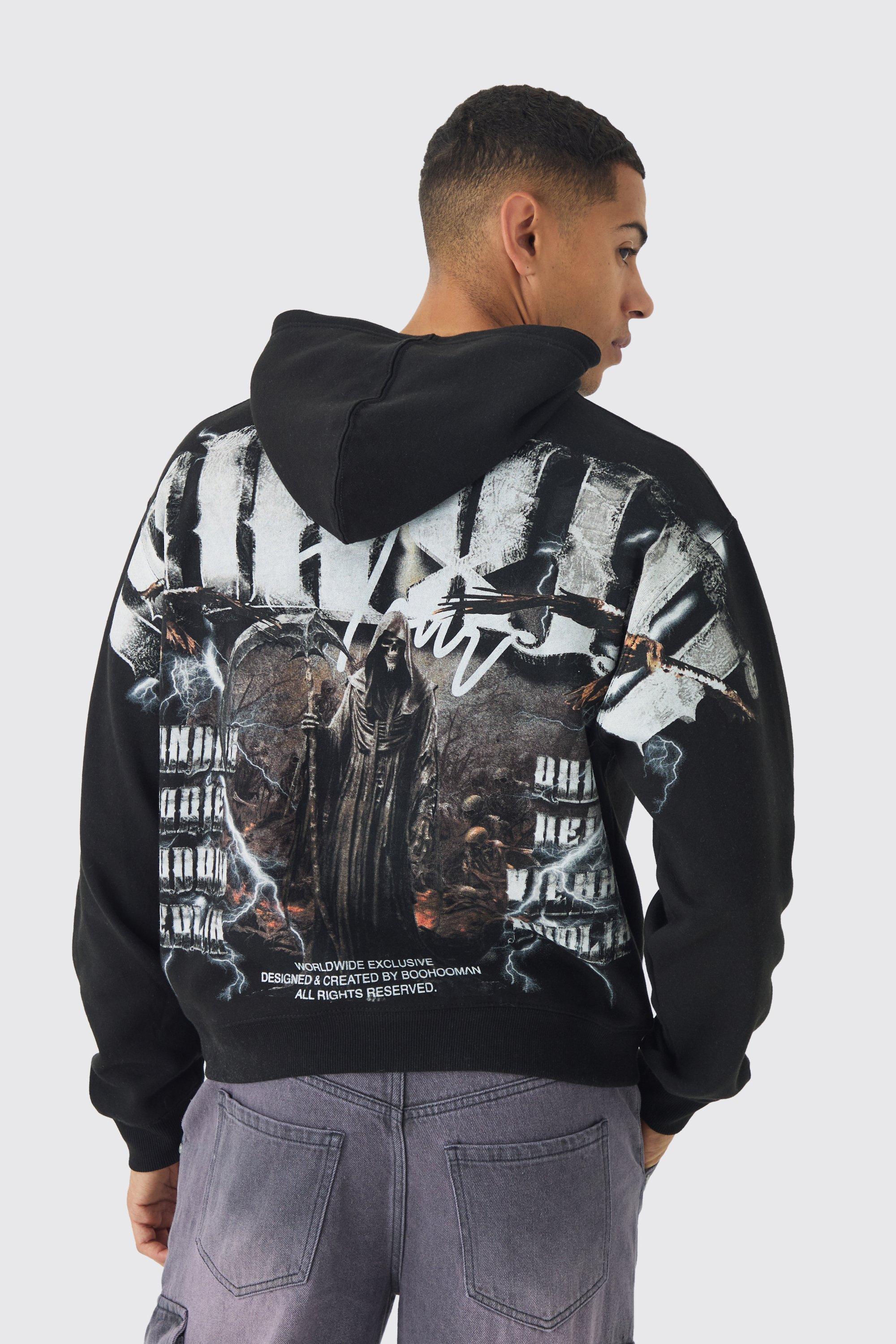 Mens Black Oversized Boxy Over The Seams Gothic Back Graphic Hoodie, Black