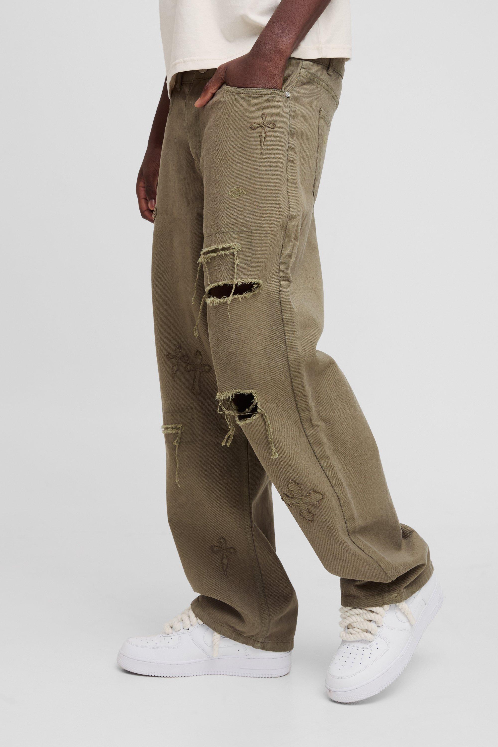 Mens Green Relaxed Rigid Cross Applique Denim Jeans, Green