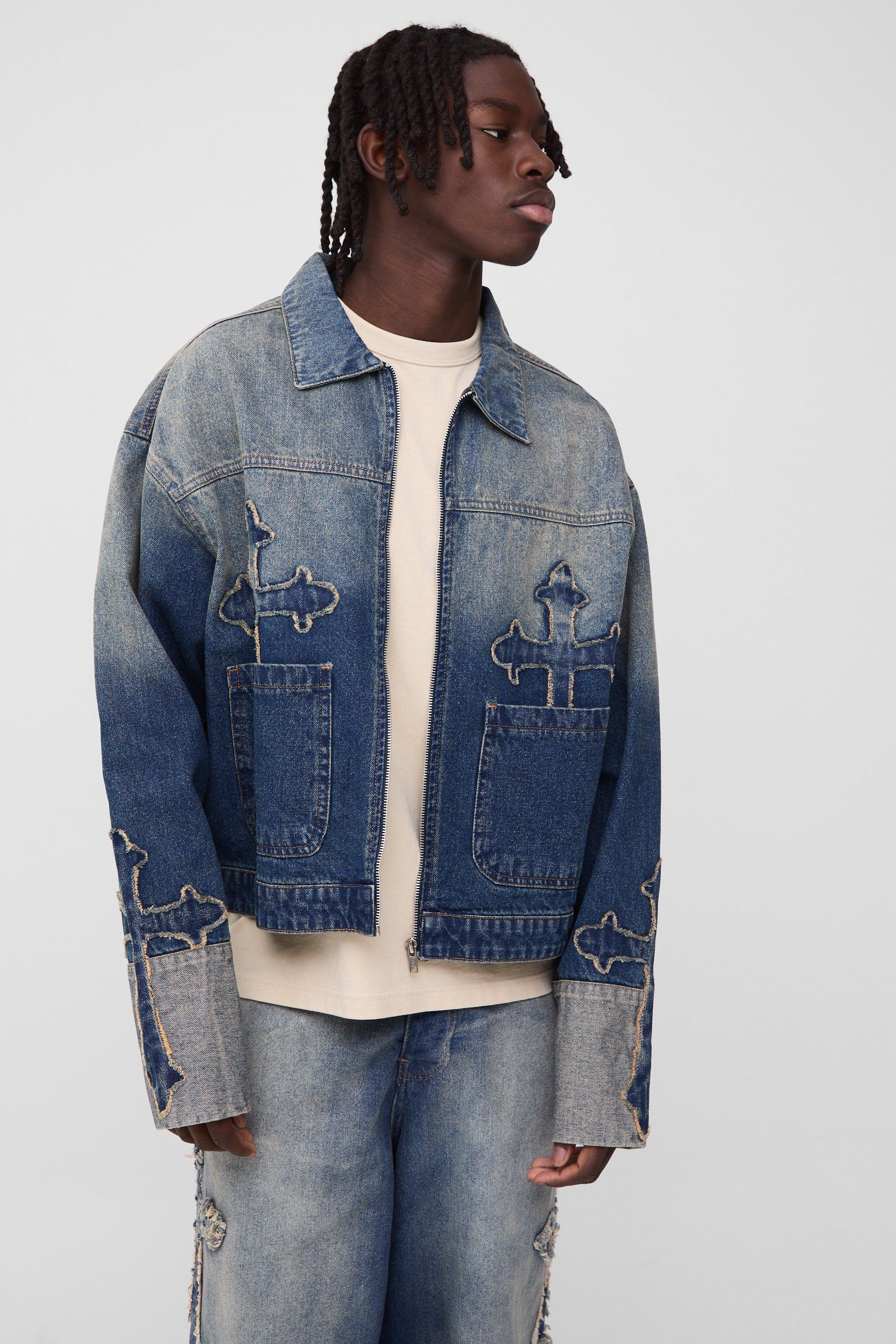 Image of Bomber squadrato in denim con applique a croce, Azzurro