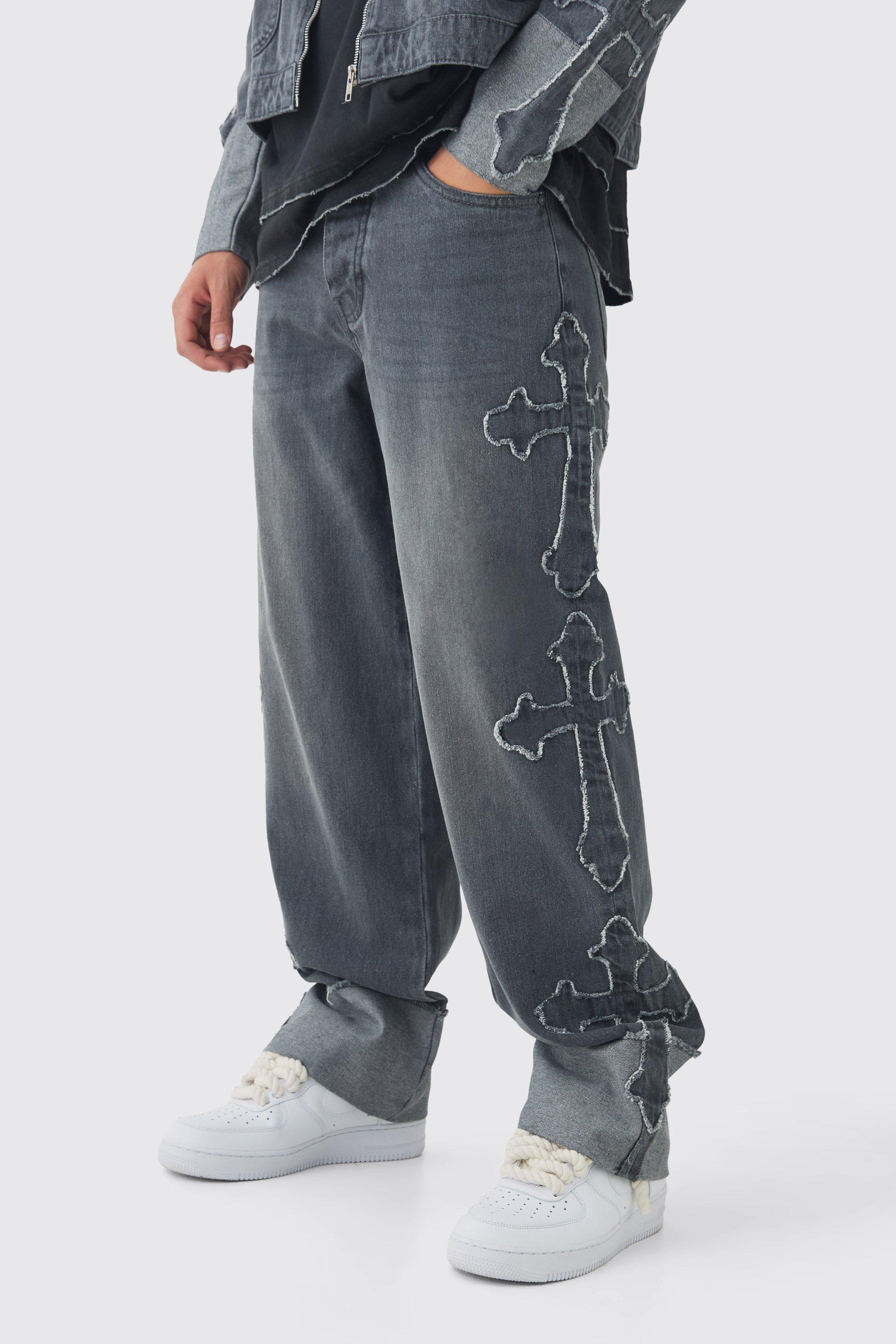 Mens Grey Relaxed Rigid Cross Applique Denim Jeans, Grey