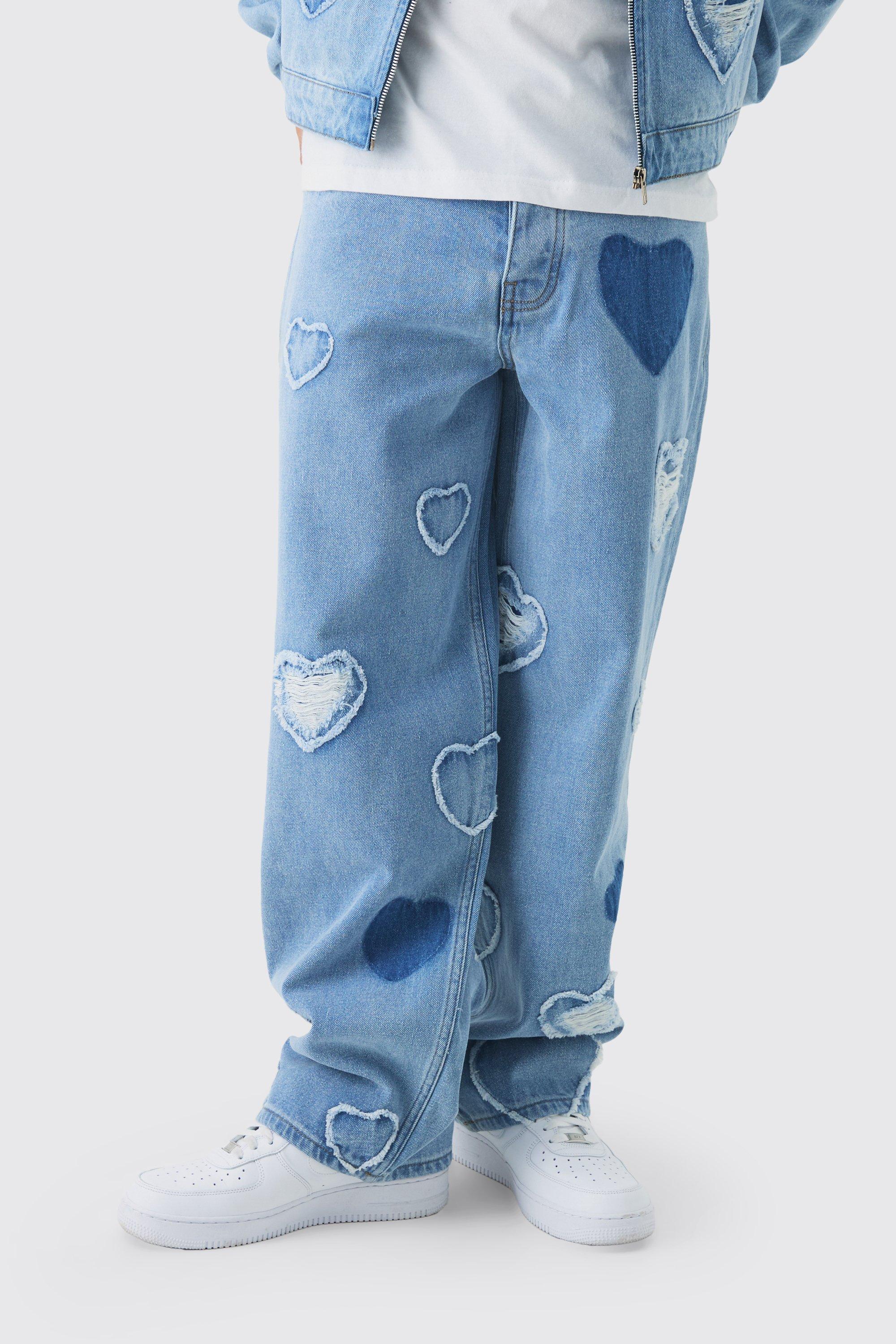Mens Blue Relaxed Rigid Heart Applique Denim Jeans, Blue