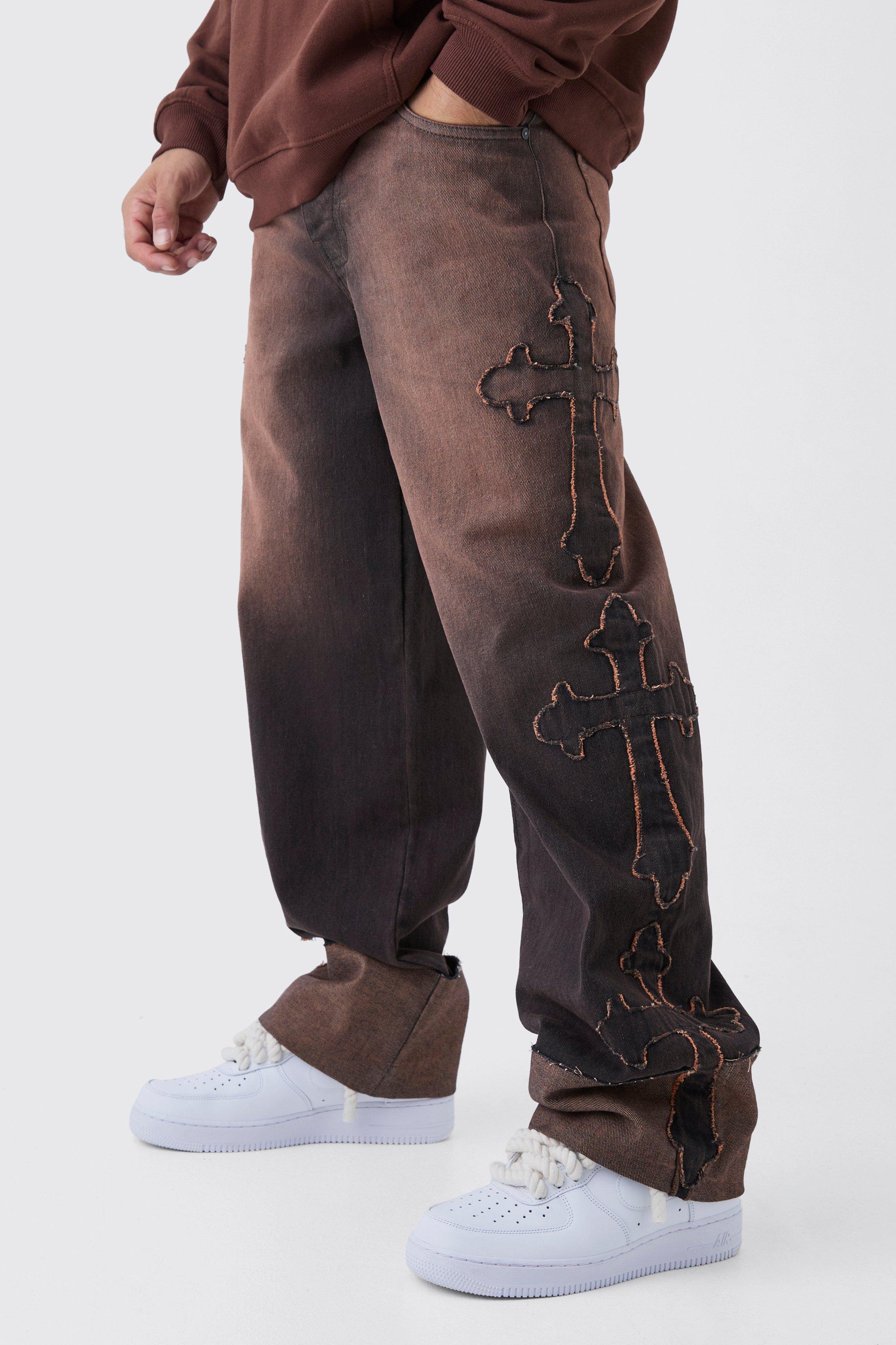 Mens Brown Relaxed Rigid Cross Applique Denim Jeans, Brown