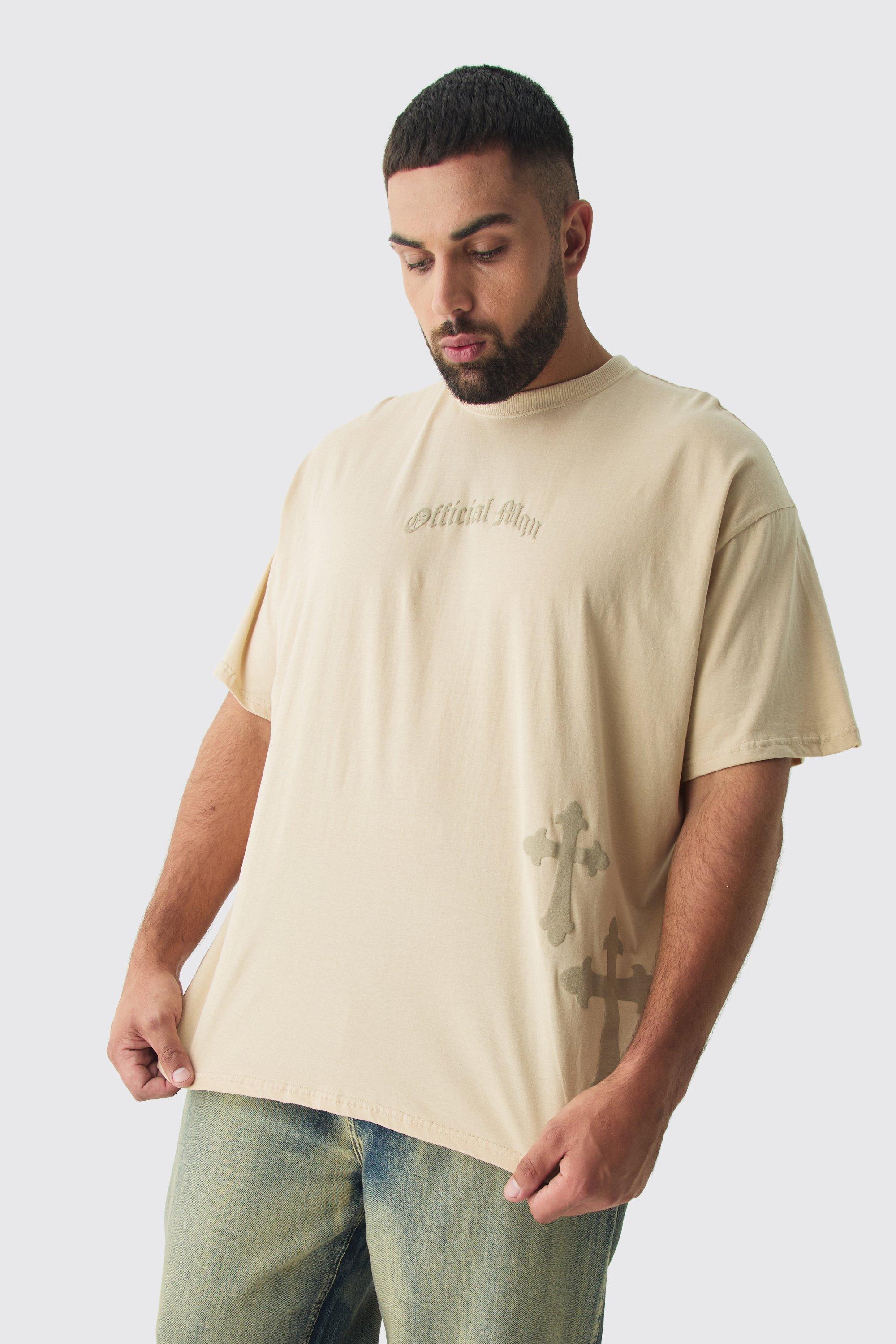 Mens Beige Plus Oversized Official Man Cross Puff Print T-Shirt, Beige