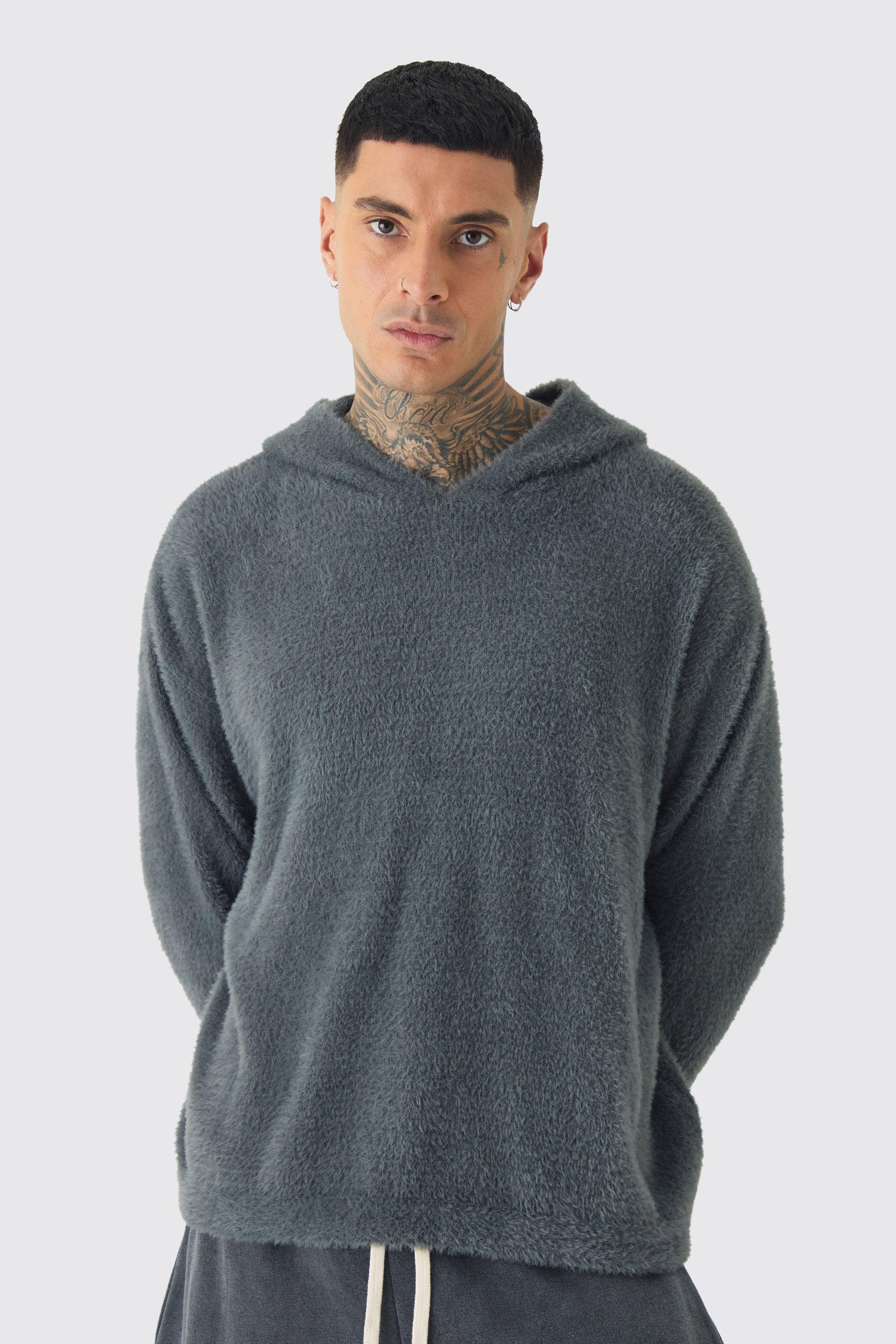 Mens Grey Tall Fluffy Knit Boxy Oversized Hoodie, Grey