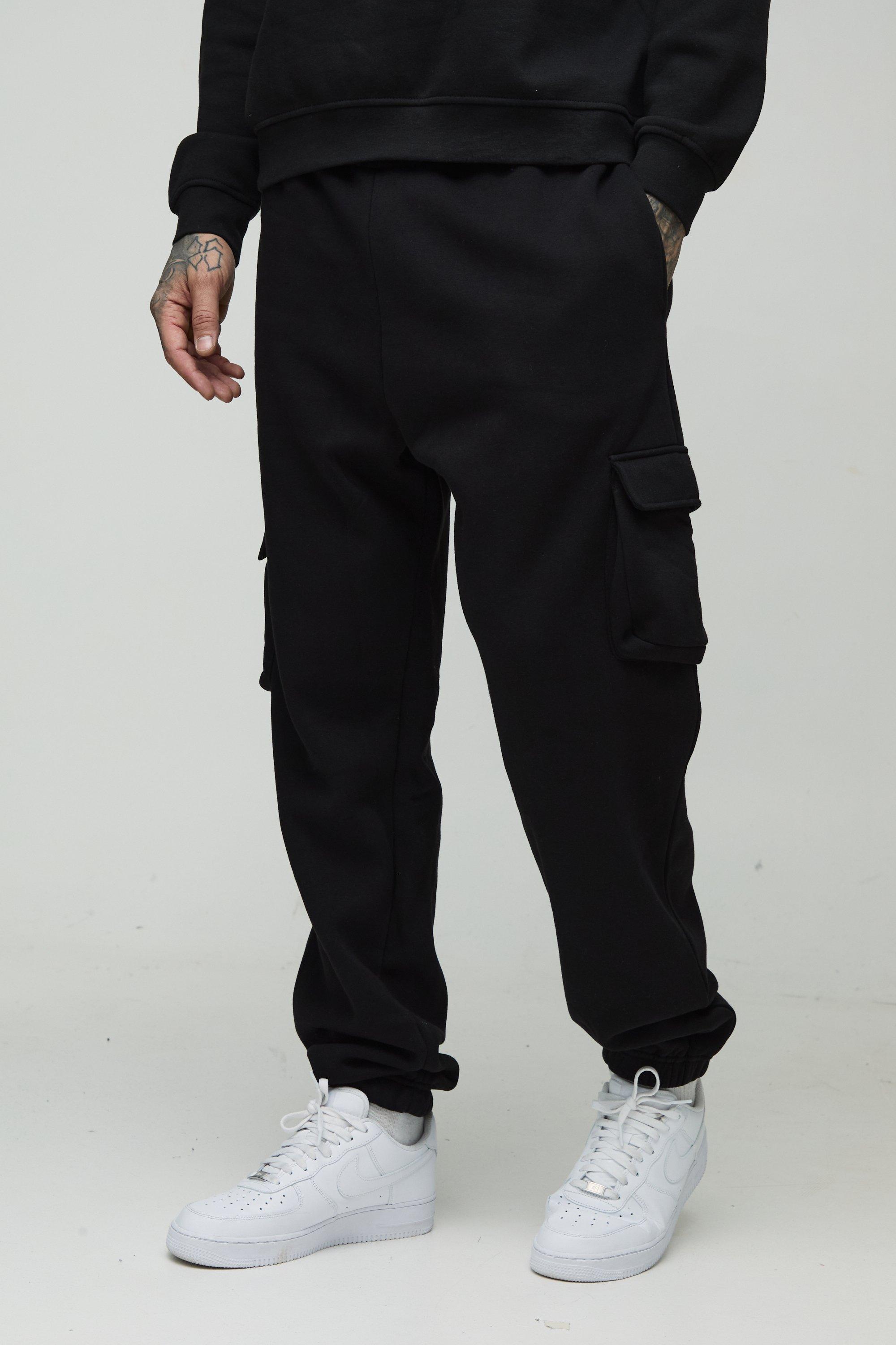 Mens 330GSM Tall Oversized Cargo Jogger In Black, Black