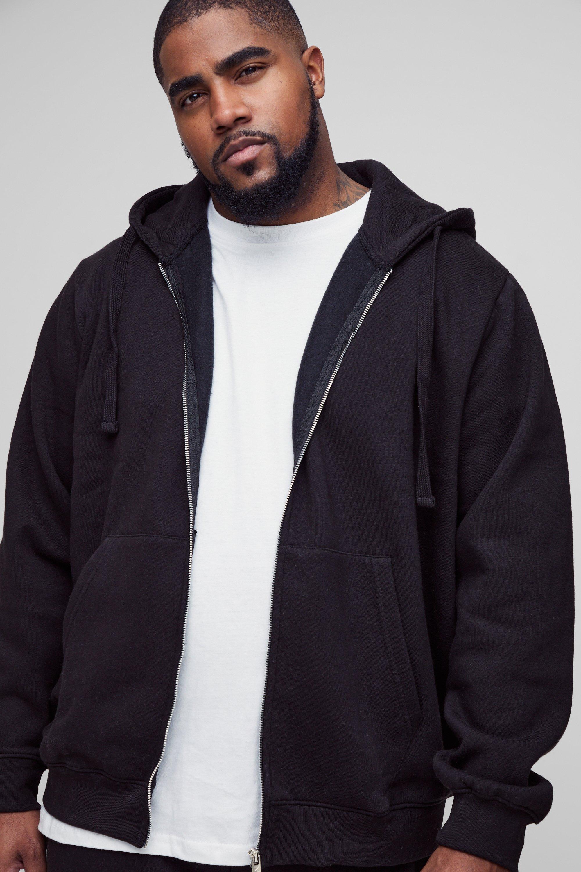 Mens 330GSM Plus Regular Fit Zip Through Hoodie in Black, Black