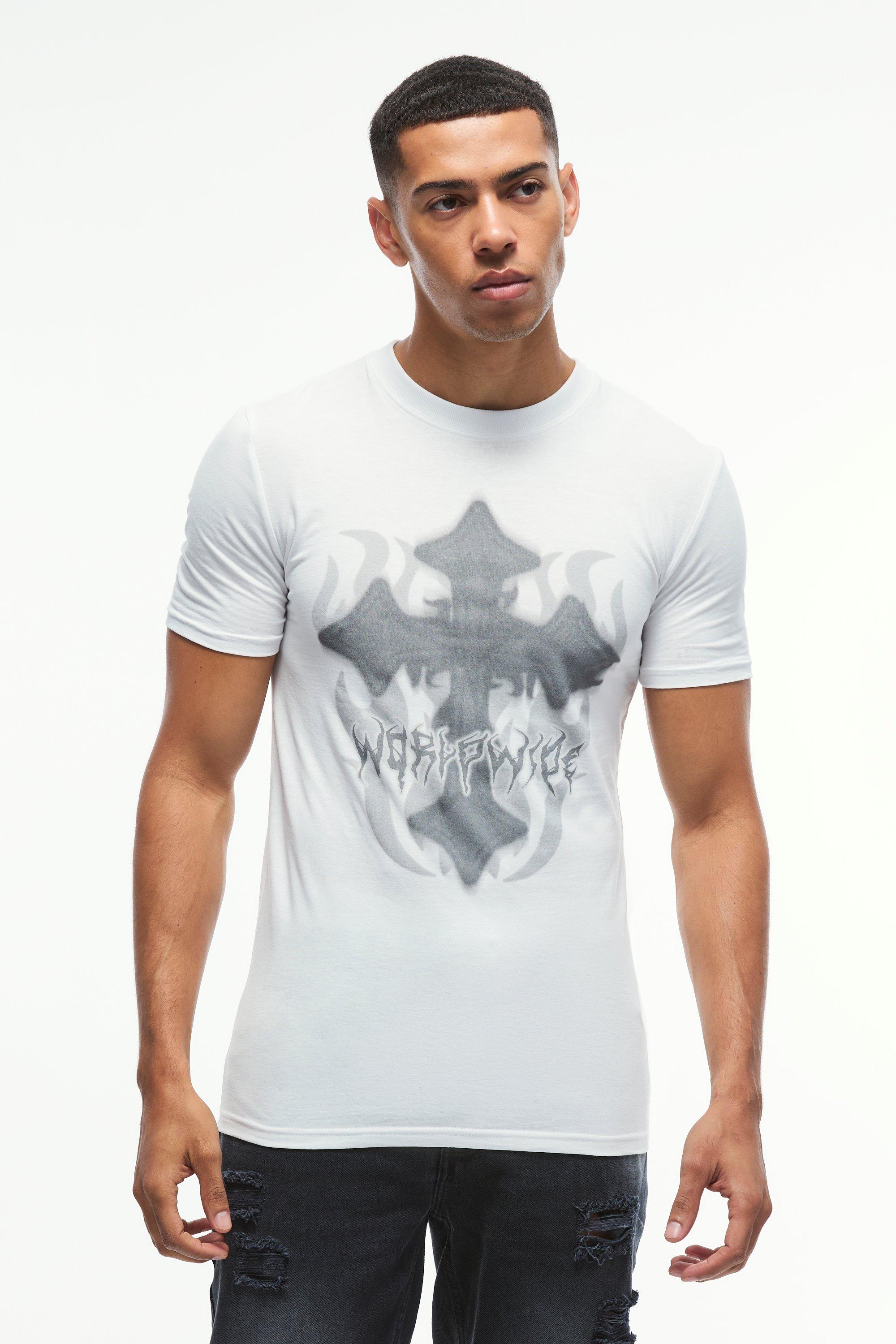 Mens White Muscle Gothic Cross Print T-Shirt, White