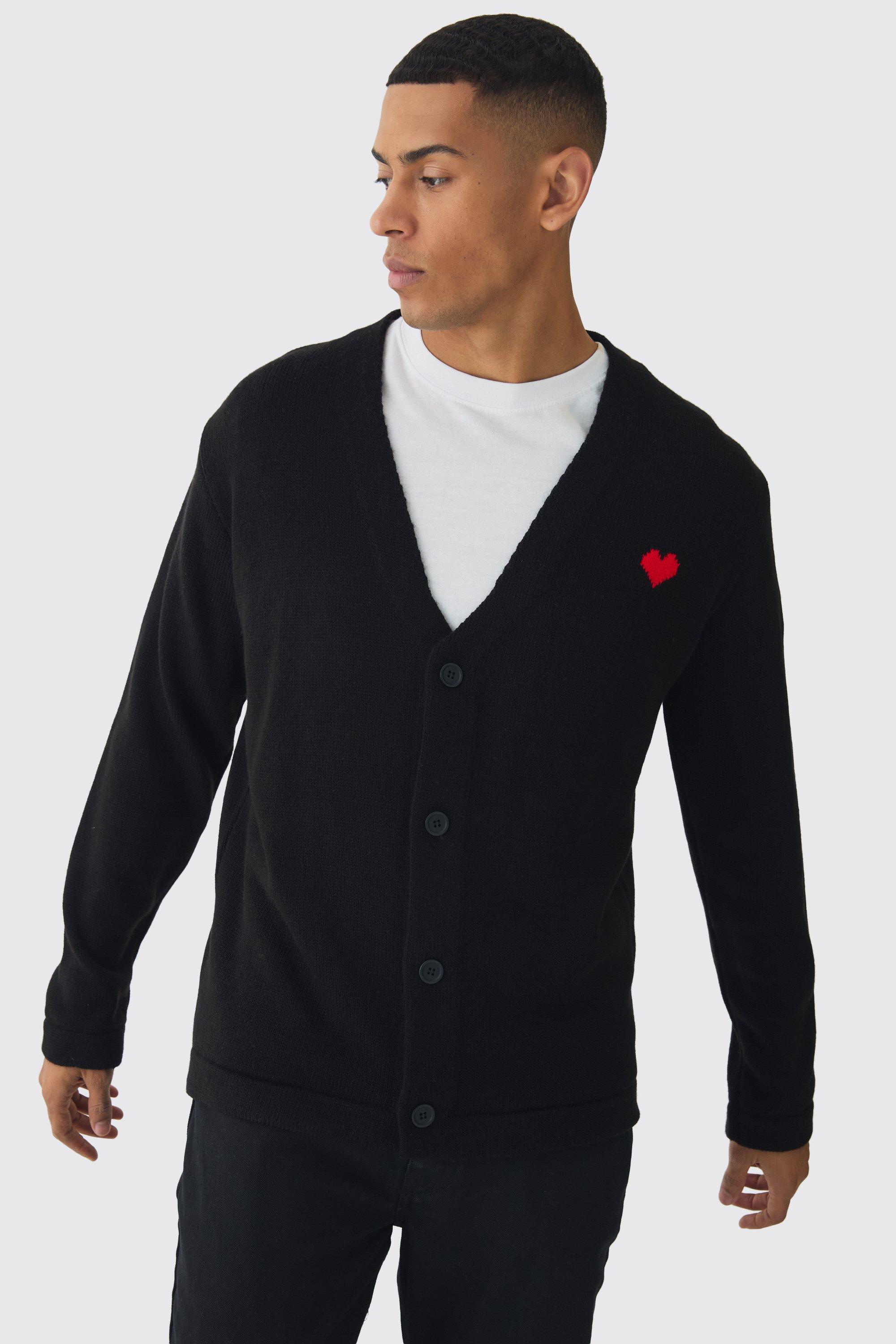 Boohoo Relaxed Heart Knitted Cardigan, Black