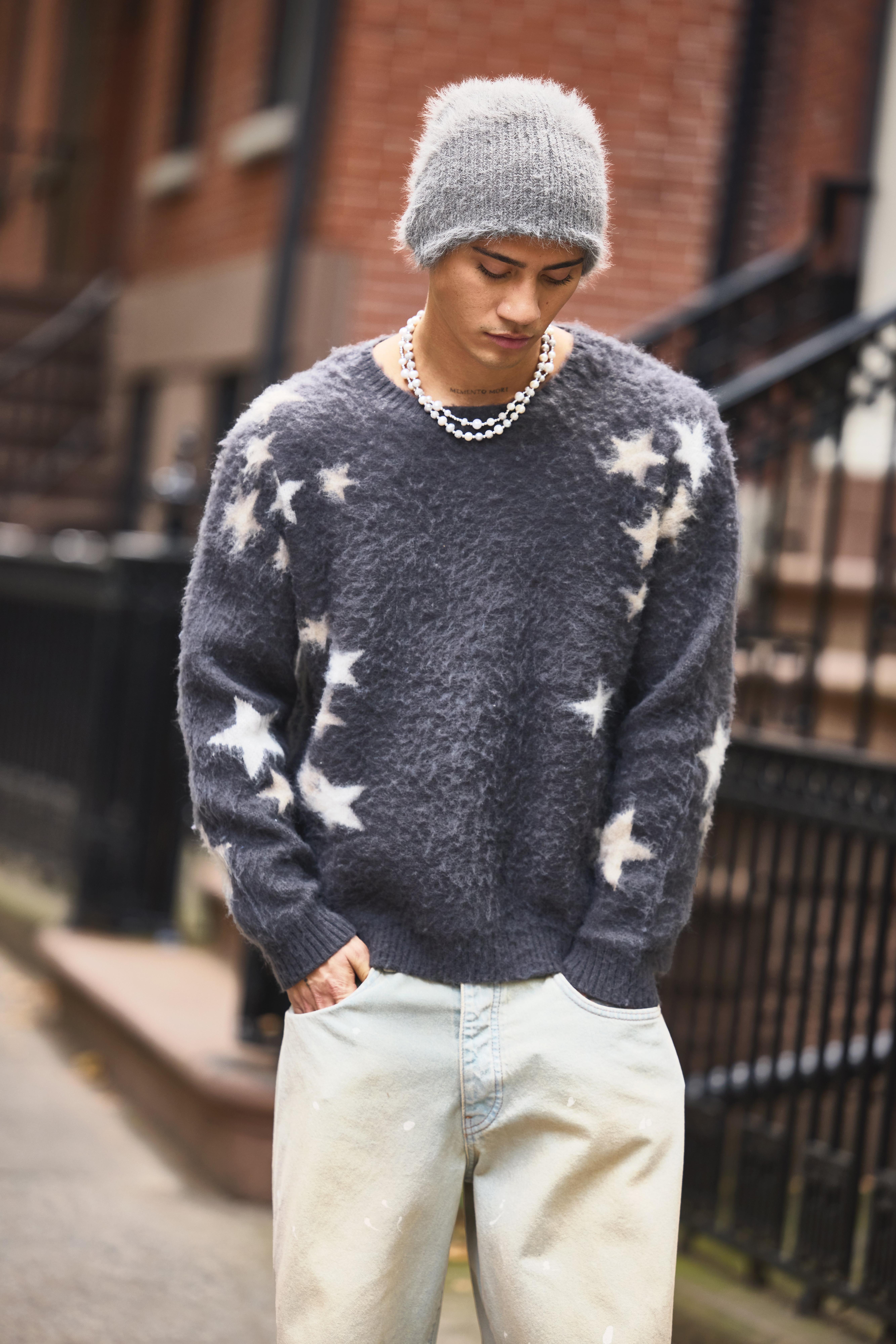 Mens Grey Oversized Star Graphic Brushed Knitted Jumper, Grey