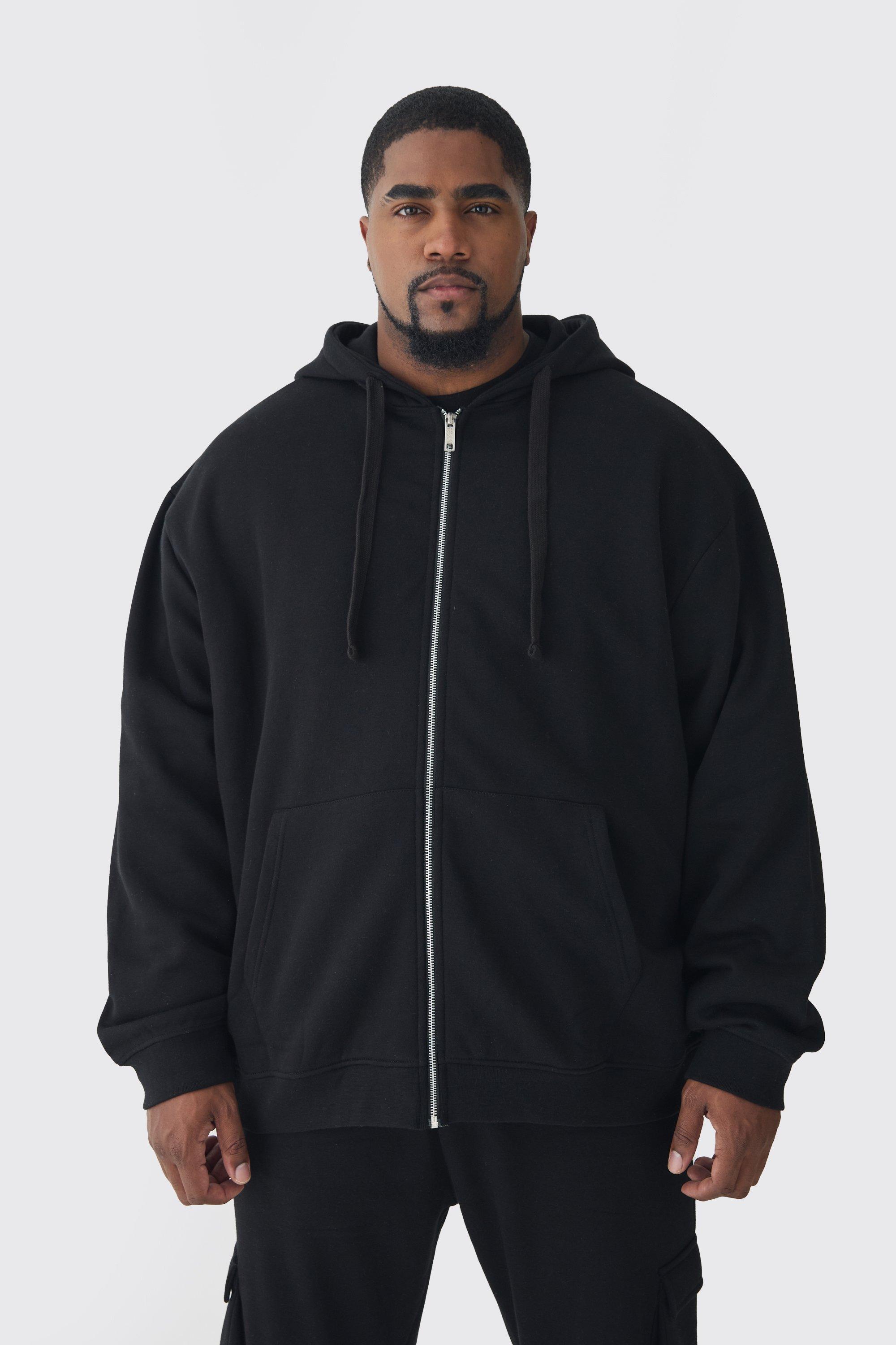 Mens 330GSM Plus Oversized Fit Zip Through Hoodie in Black, Black