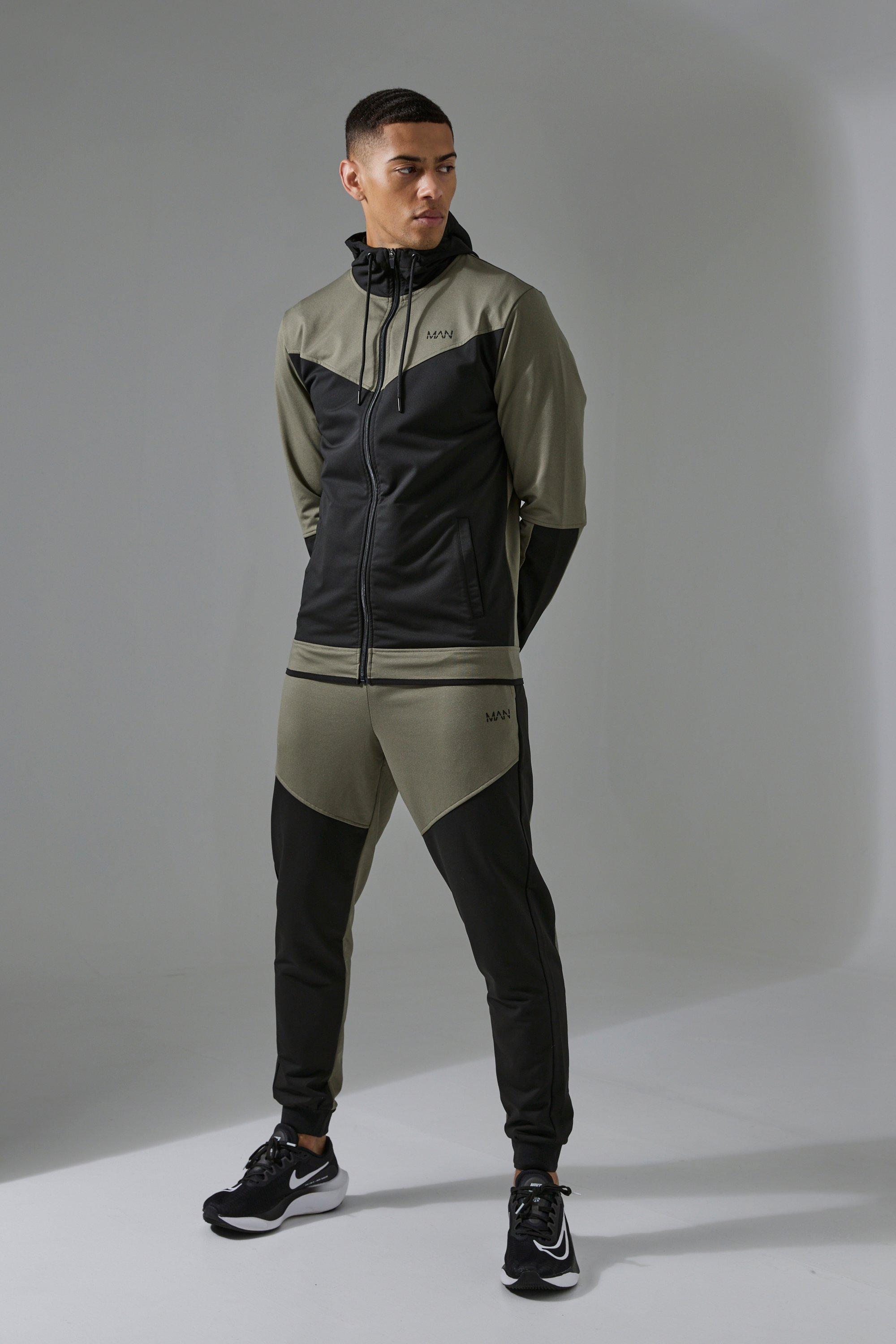 Mens Green Active Colour Block Funnel Hooded Tracksuit, Green