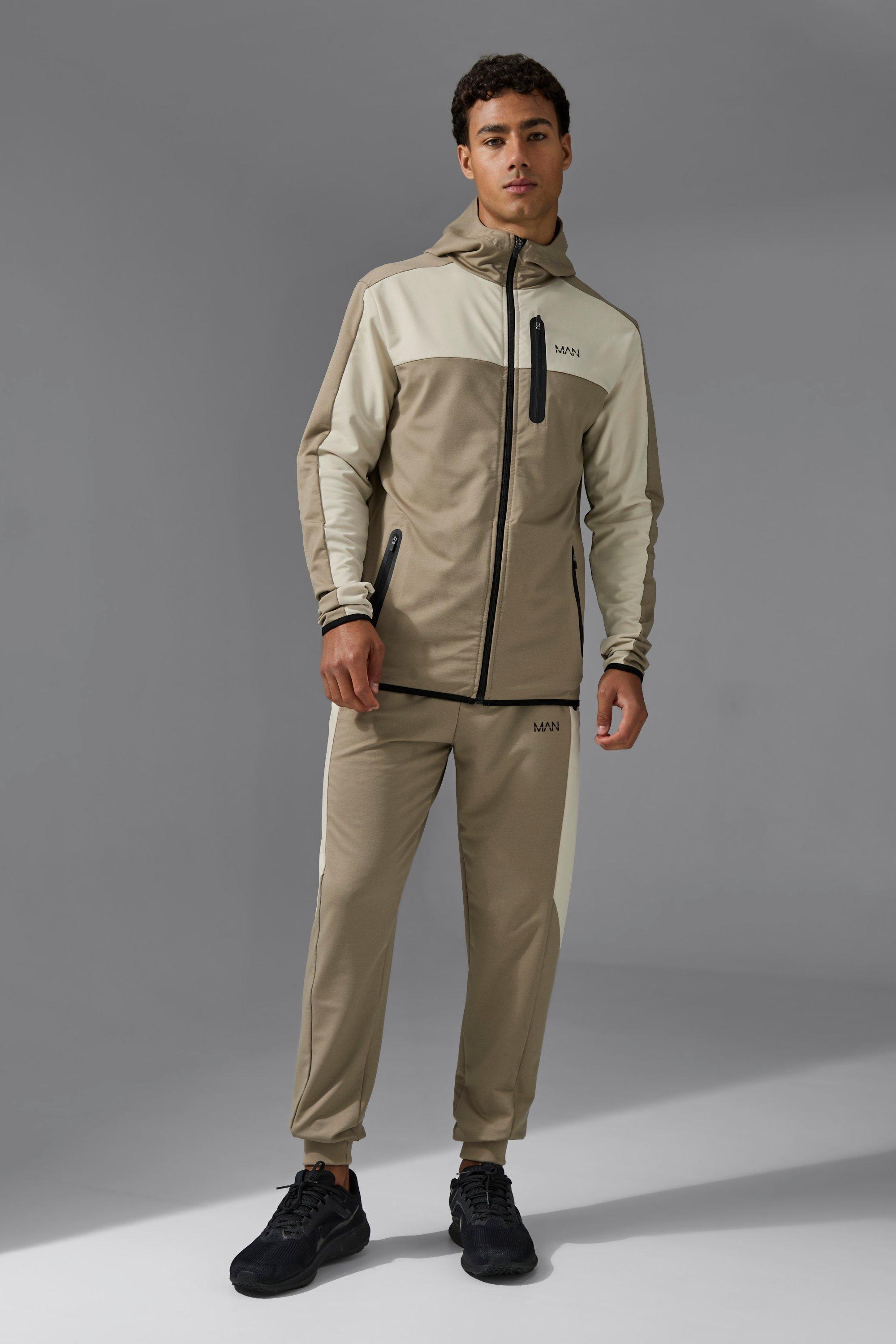 Mens Beige Active Colour Block Funnel Hooded Tracksuit, Beige