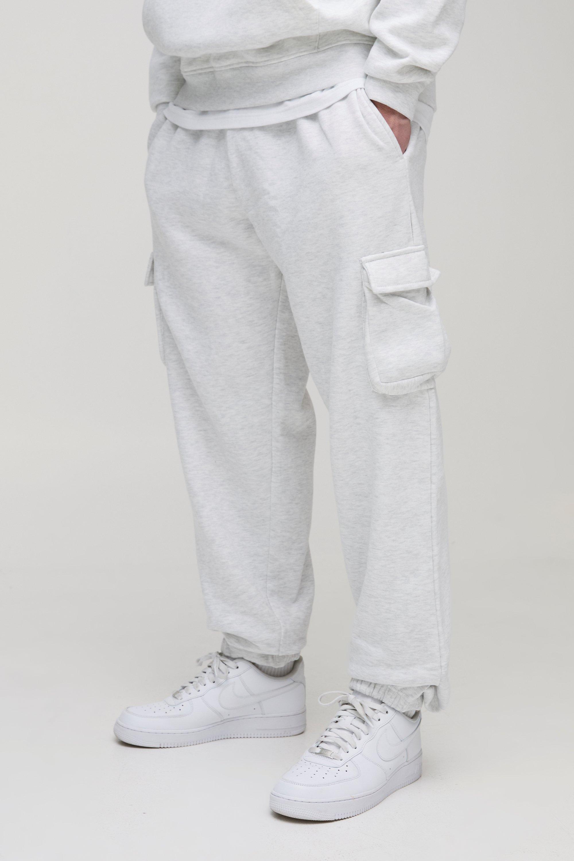 Mens Grey Tall Oversized Fit Cargo Joggers, Grey