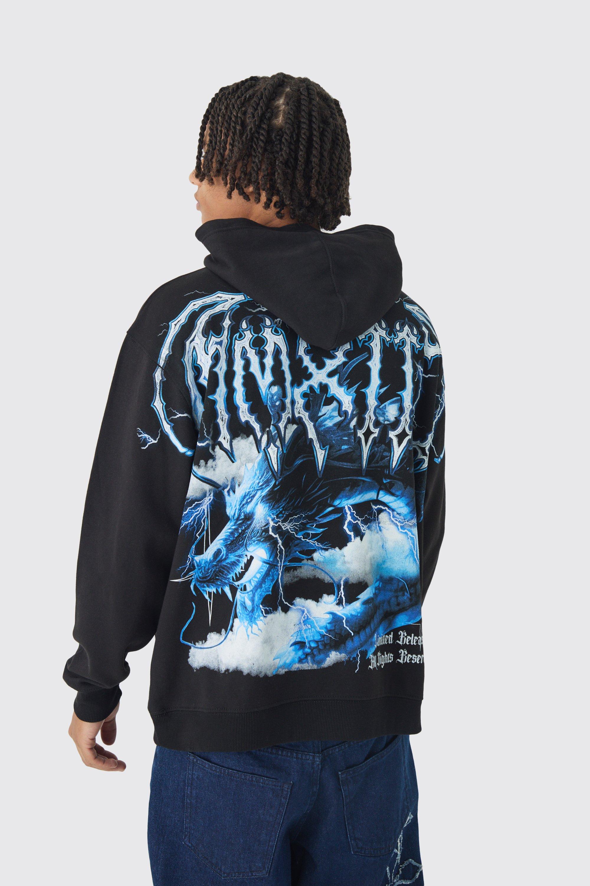 Mens Black Oversized Over Seams Extended Neck Dragon Print Hoodie, Black