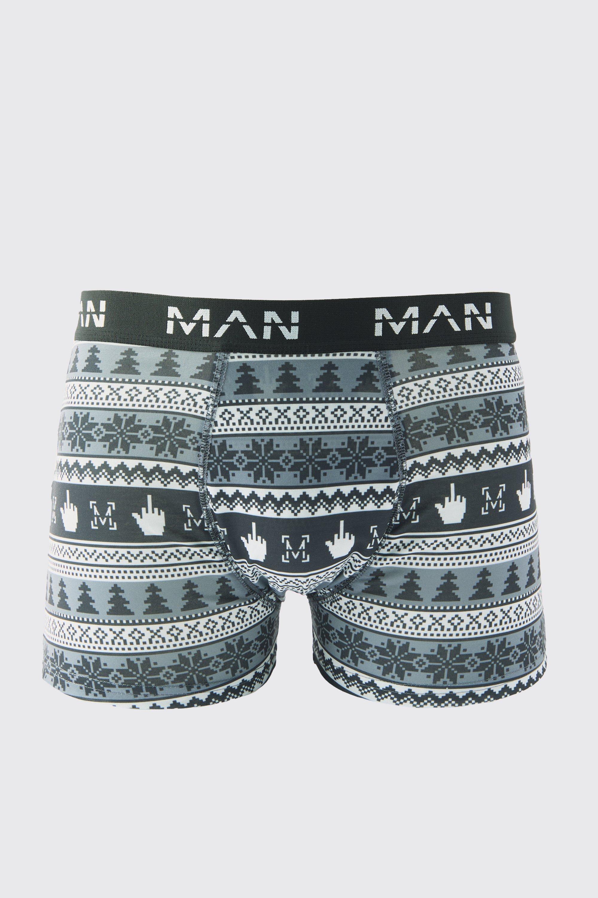 Mens Grey Man Monochrome Christmas Boxers, Grey