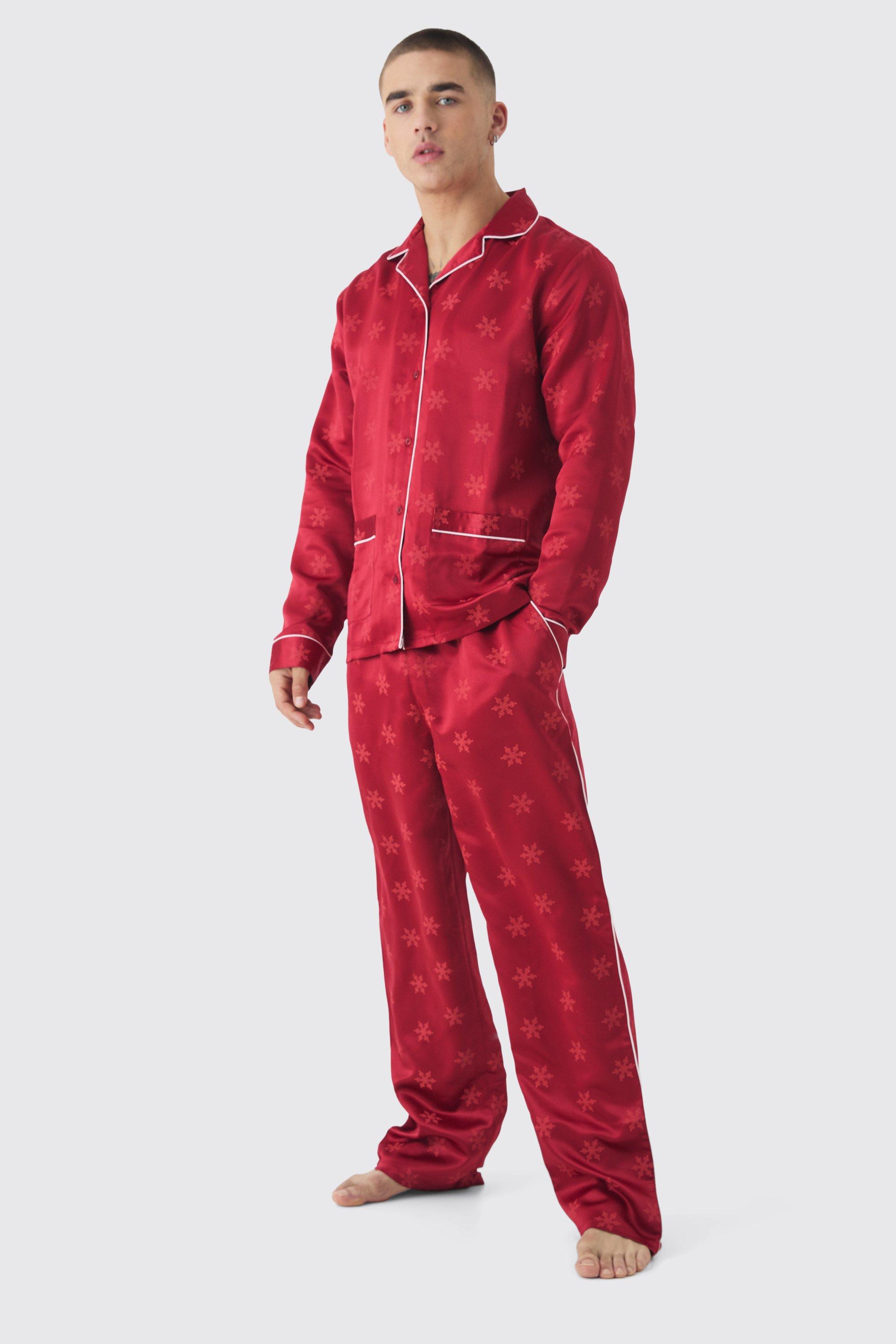 Mens Red Satin Monogram Christmas Lounge Set, Red