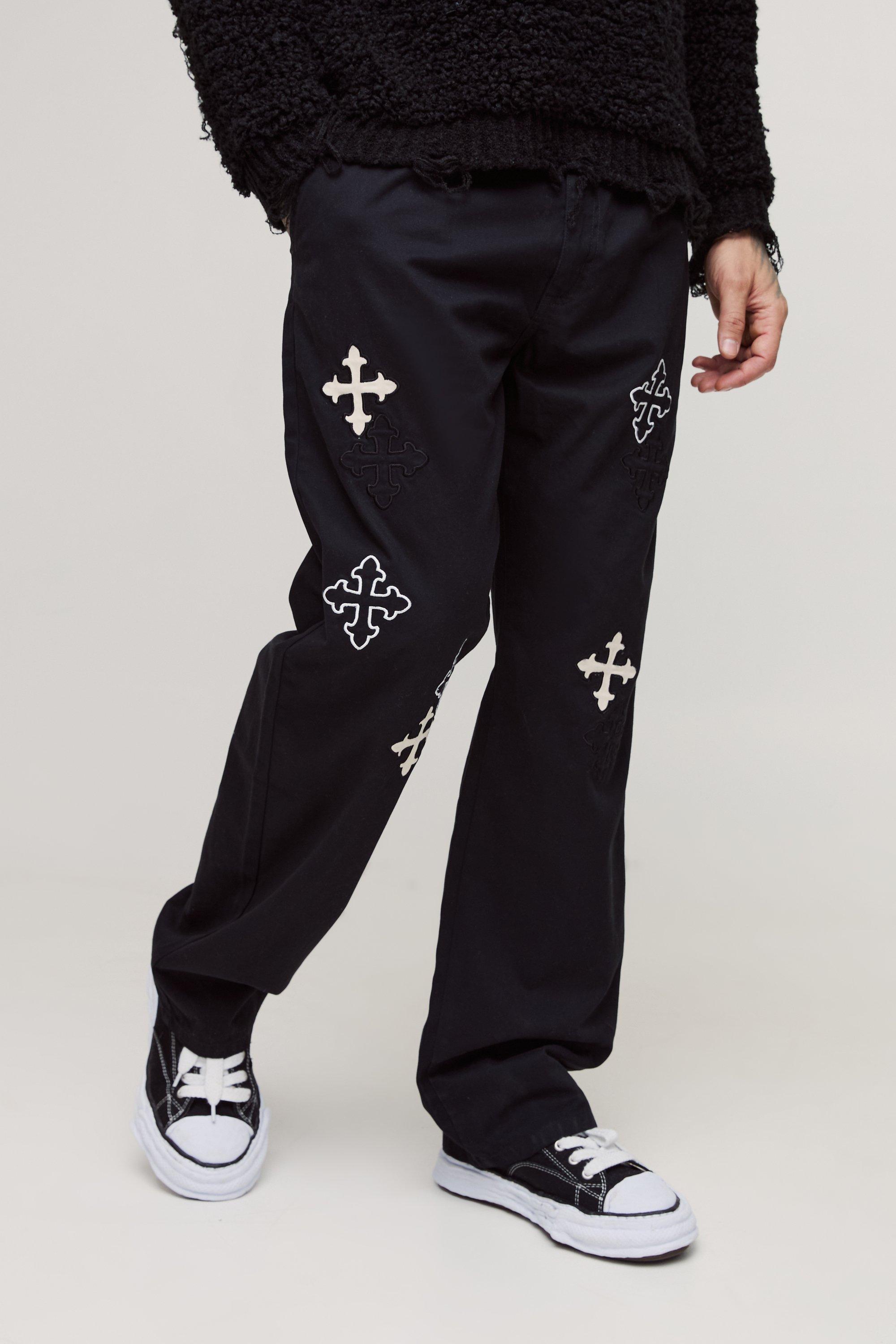 Pantaloni Tall Rilassati Con Applique A Croce, Nero