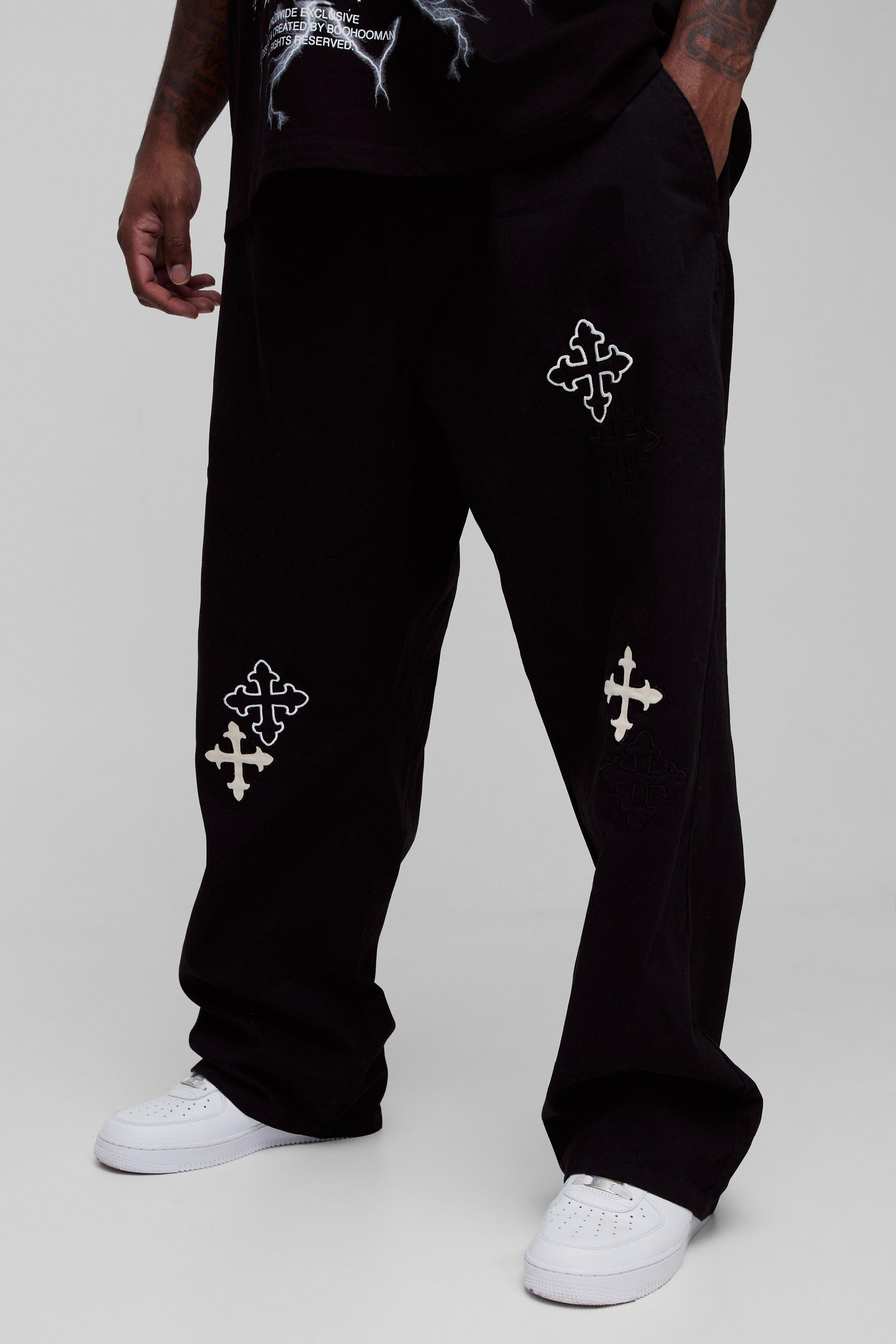 Image of Pantaloni Rilassati Plus Size Con Applique A Croce, Nero