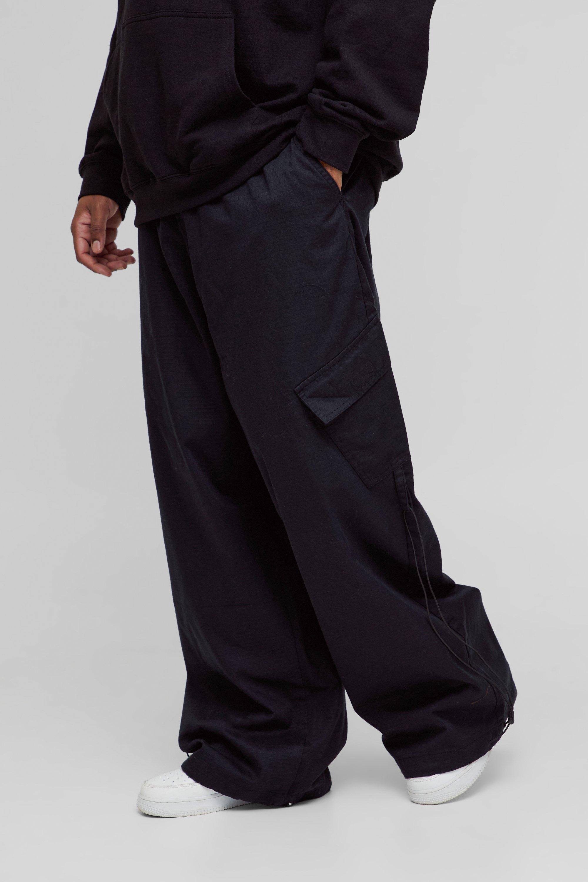Mens Black Plus Ripstop Applique Parachute Trousers, Black