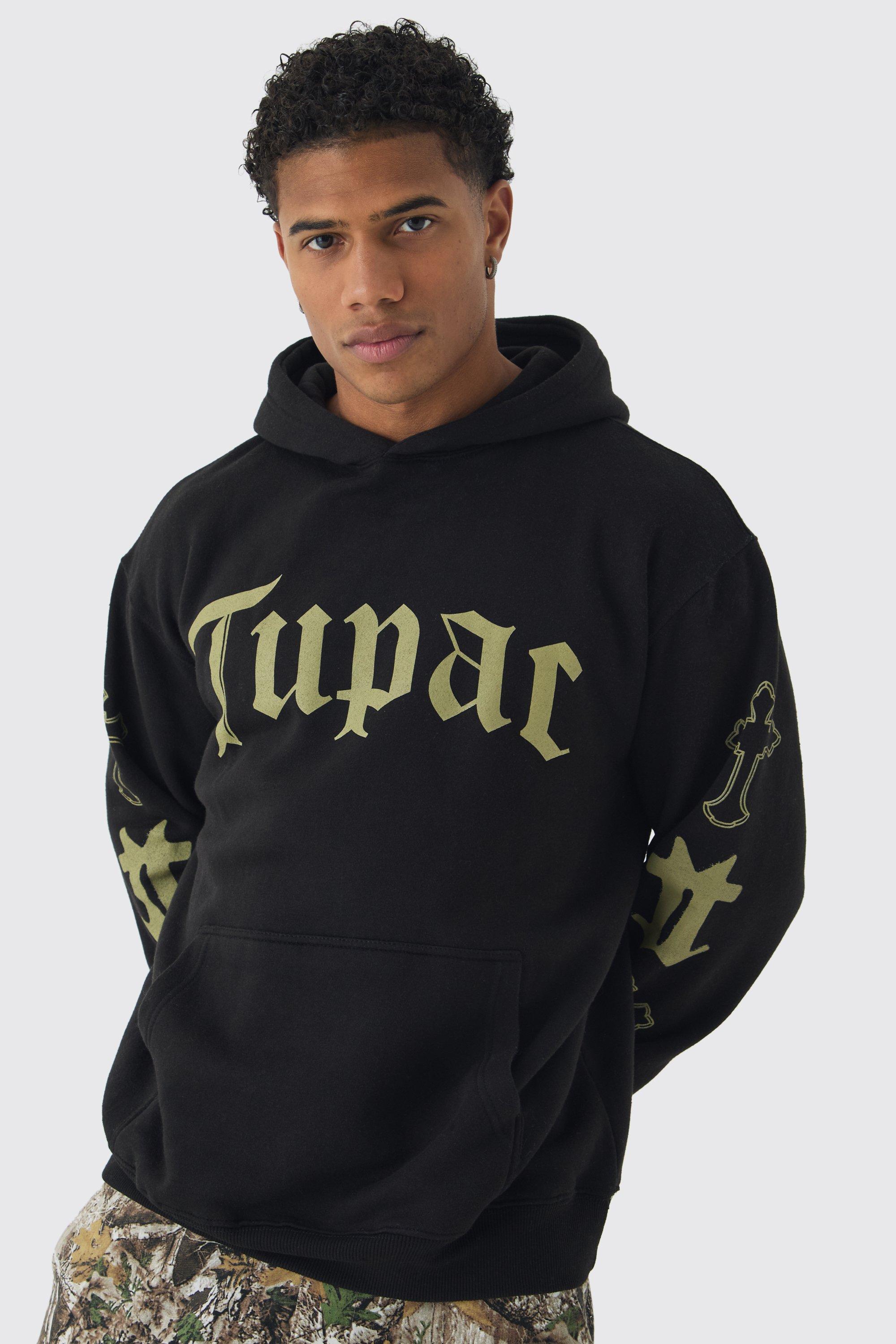 Mens Black Oversized Tupac License Print Hoodie, Black