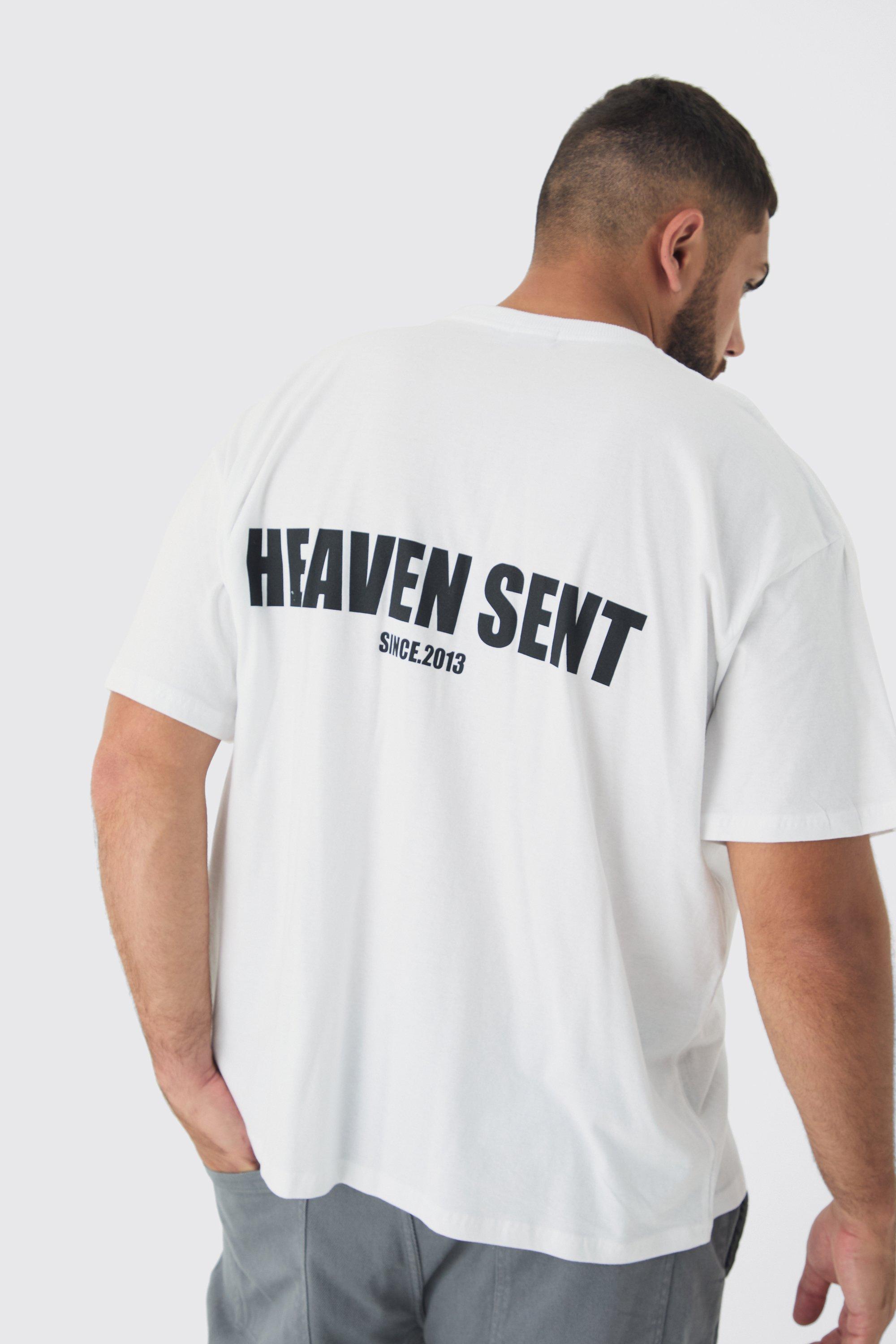 Mens Plus Heaven Sent Print Oversized T-shirt in White, White