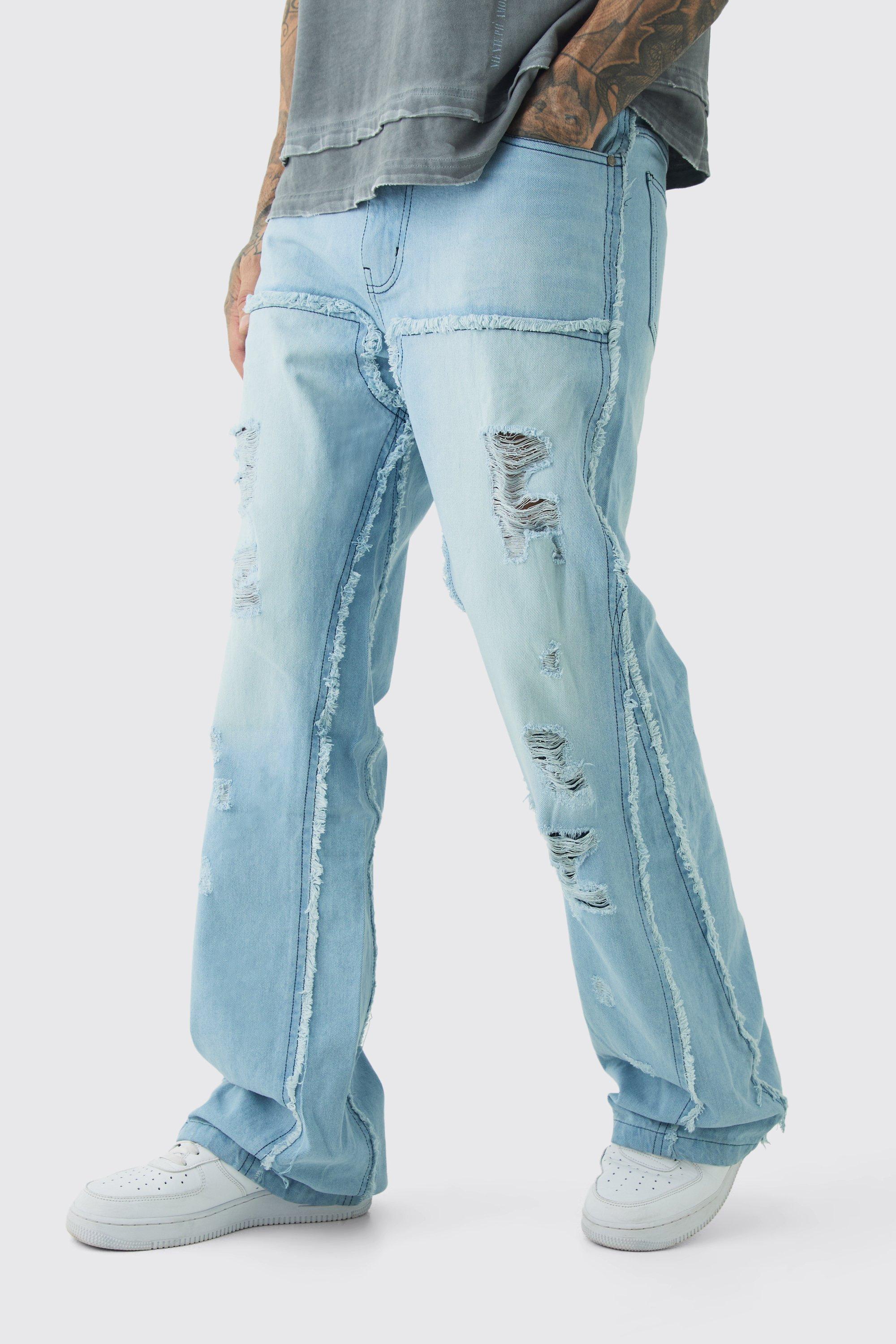 Boohoo Tall Flared Rip & Repair Carpenter Paneel Met Onbewerkte Zoom, Ice Blue