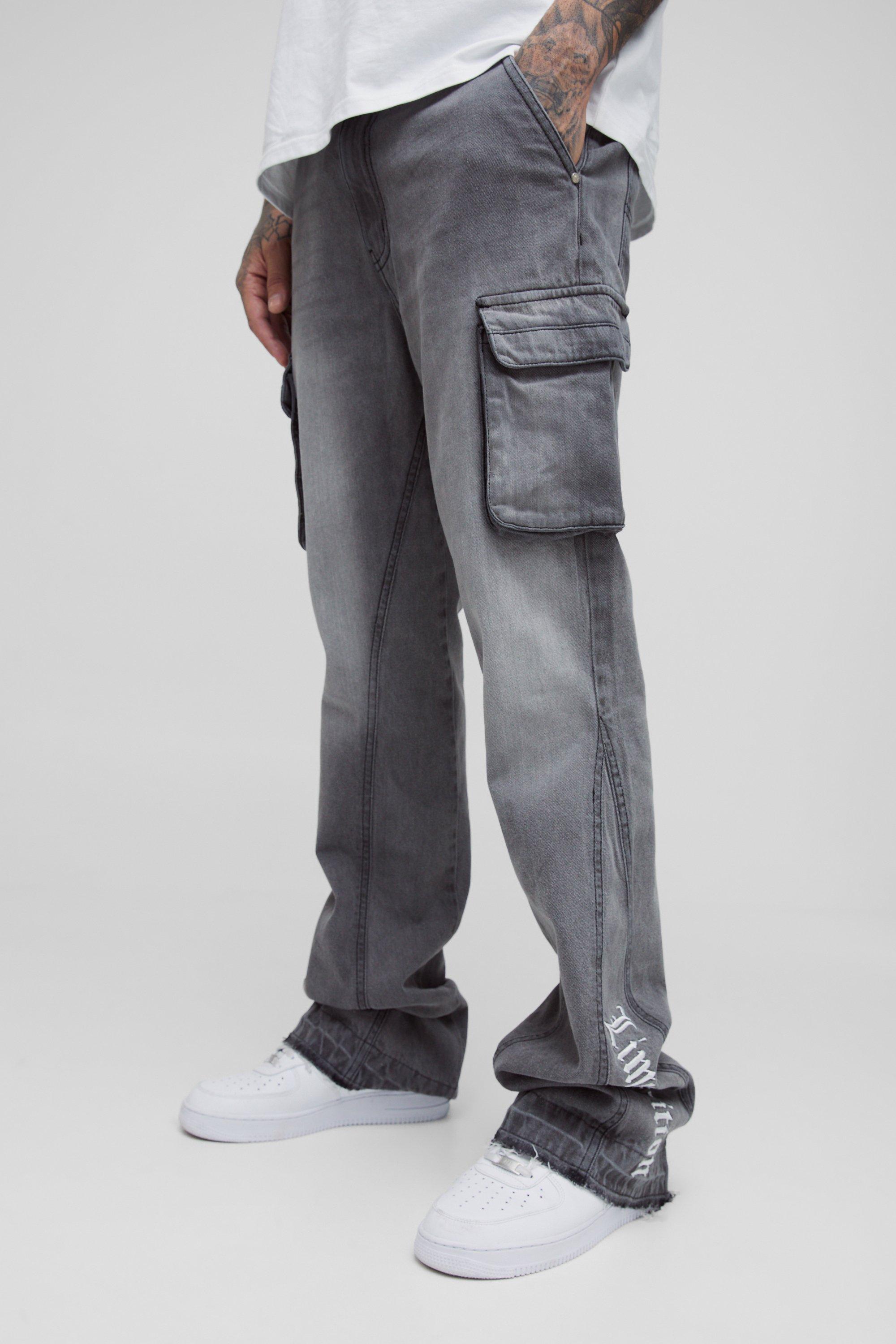 Mens Grey Tall Applique Gusset Cargo Flared Jeans, Grey