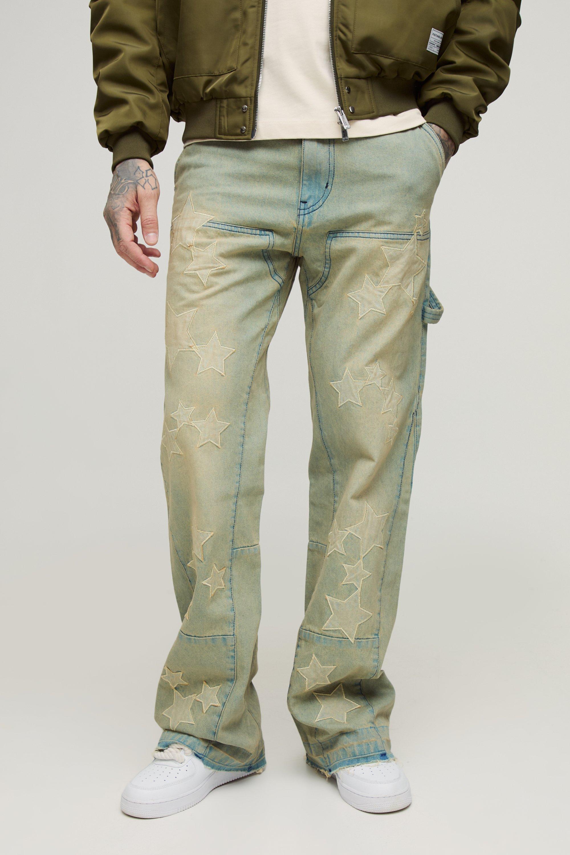 Mens Green Tall Star Applique Gusset Detail Carpenter Jeans, Green