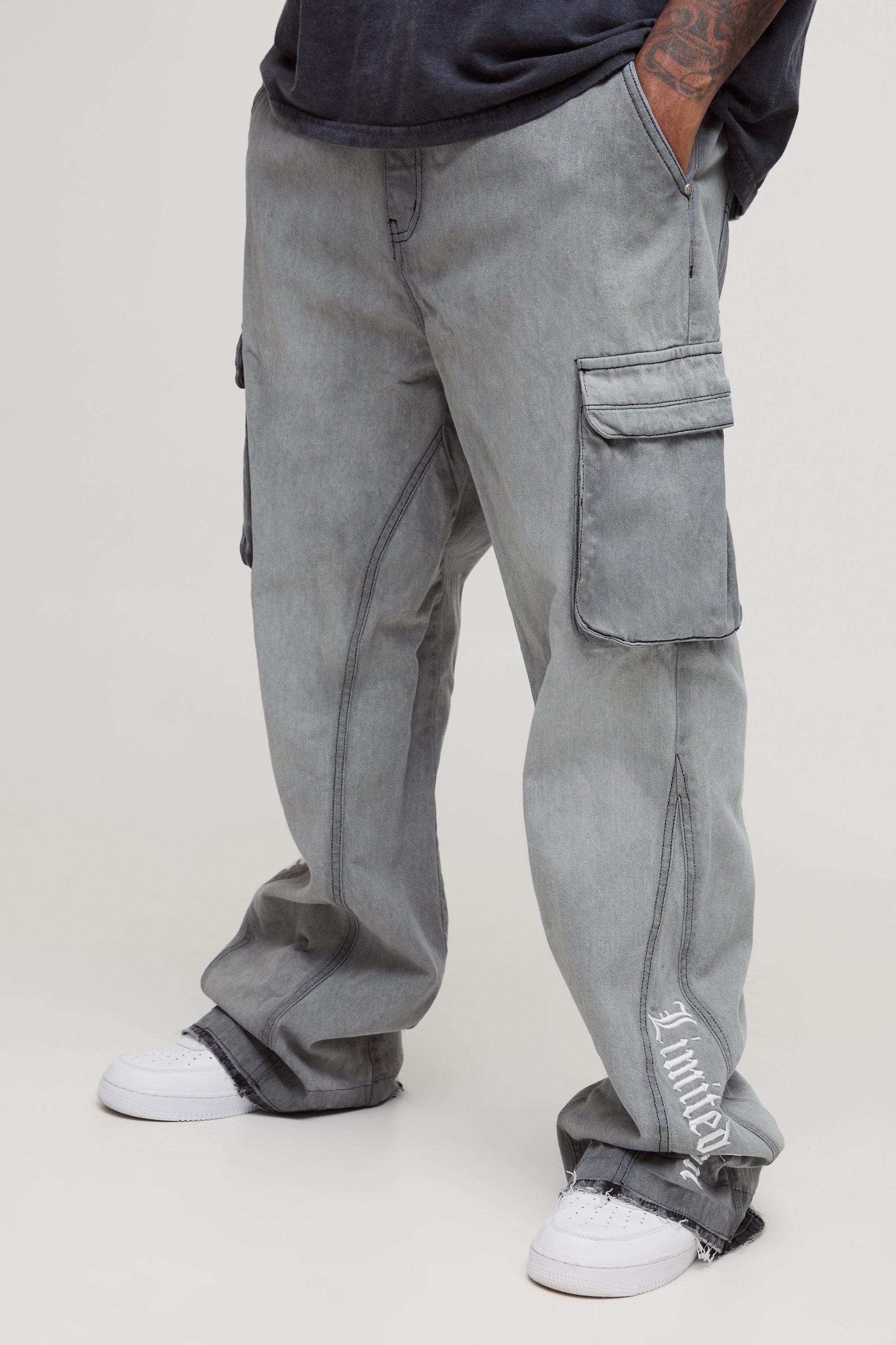 Mens Grey Plus Applique Gusset Cargo Flared Jeans, Grey
