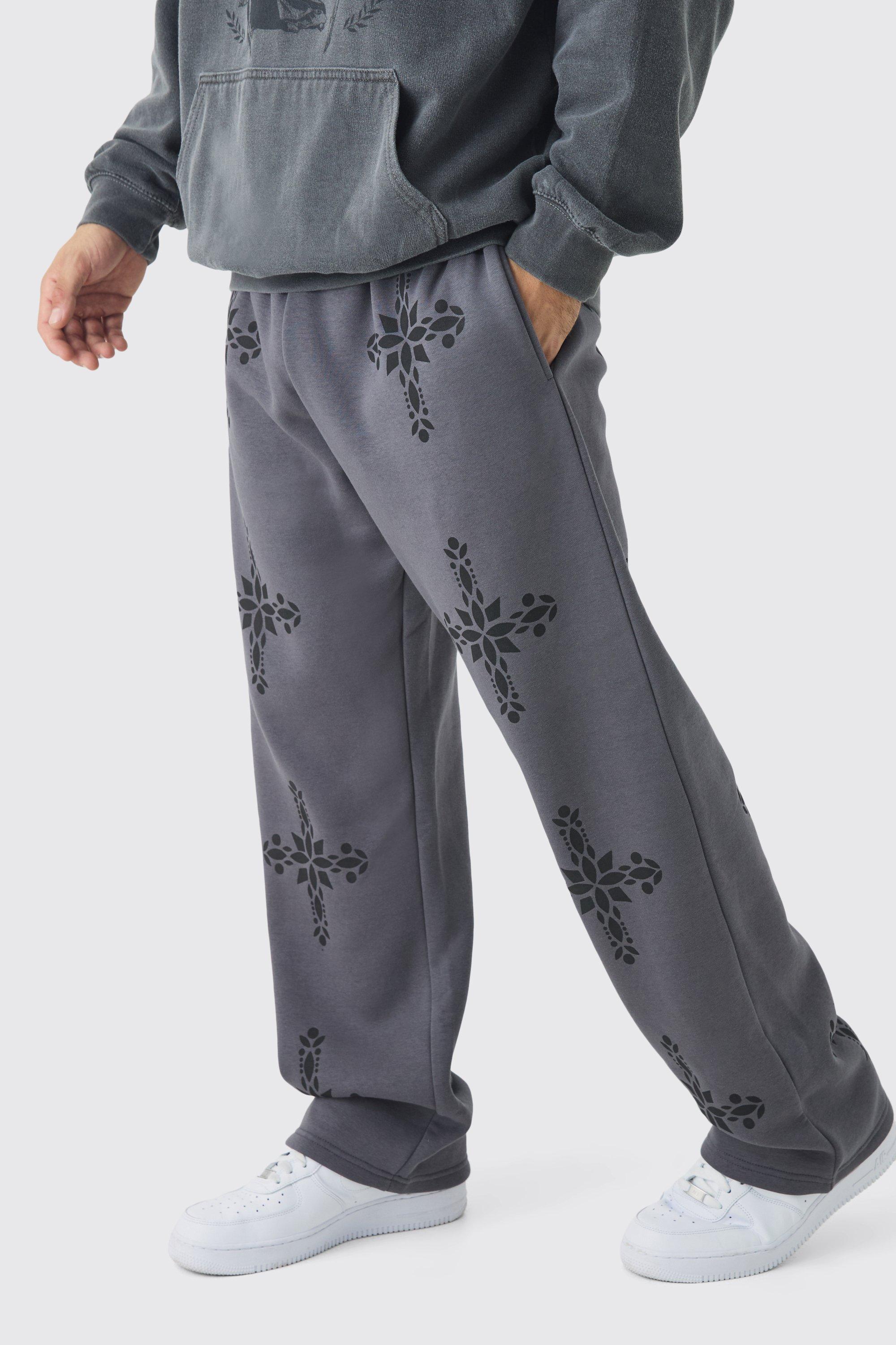 Womens Relaxed Fit Gothic Cross Print Jogger - Grey - M, Grey