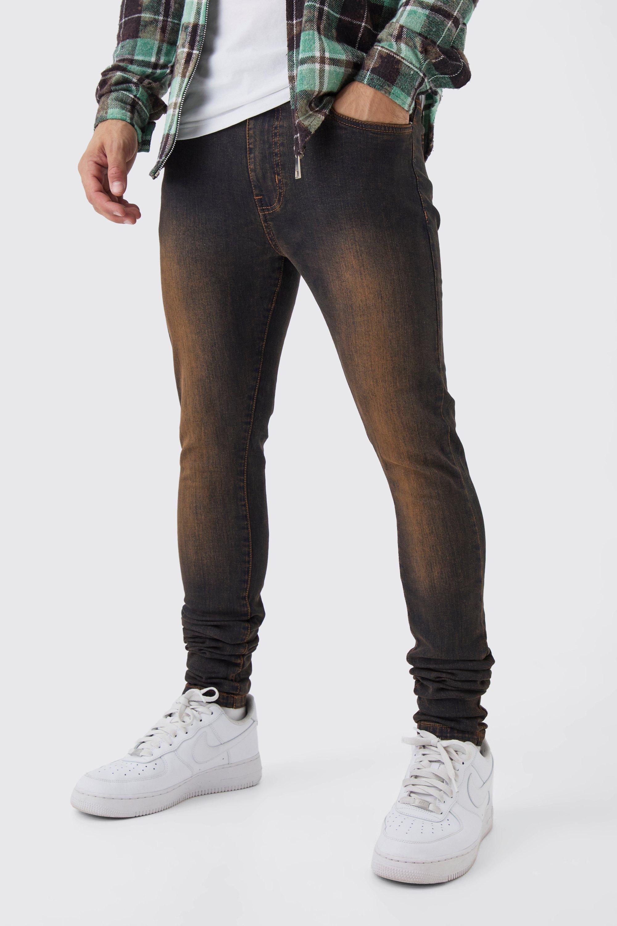 Jeans Super Skinny Fit Stretch in tinta marrone con pieghe sul fondo, Brown