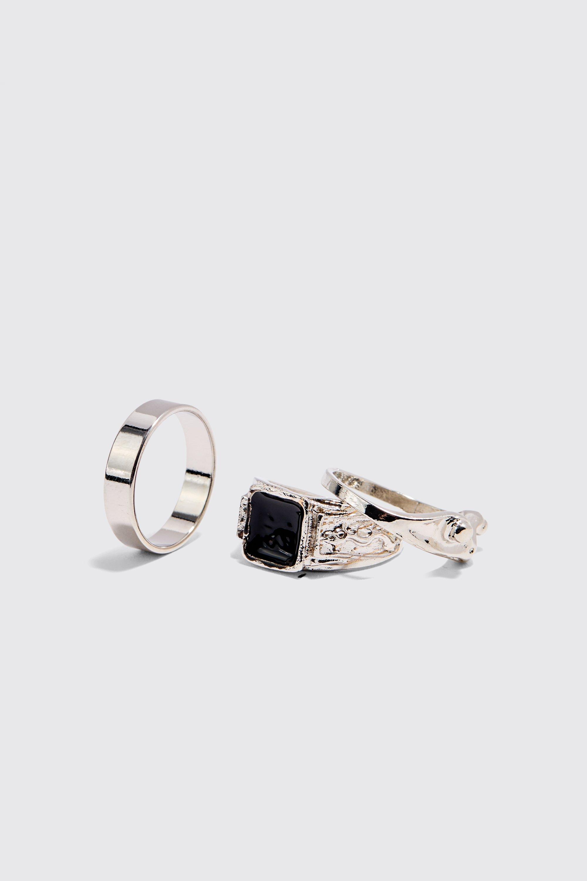Mens Grey 3 Pack Signet Rings in Silver, Grey