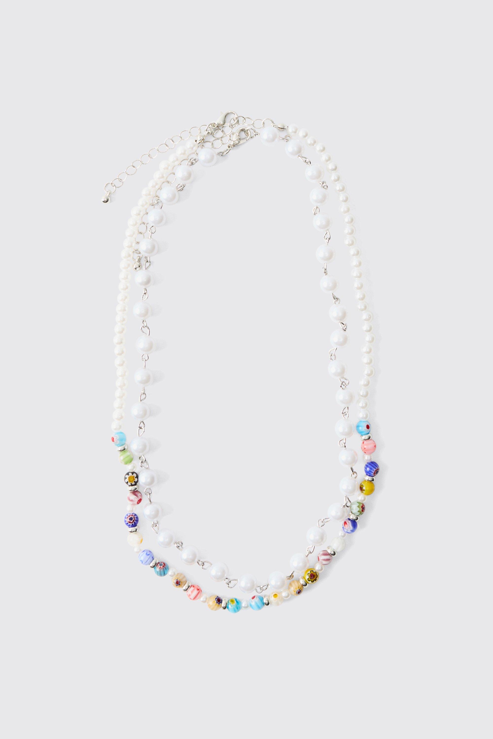 Mens Bead Multi Layer Chain Necklace, Multi