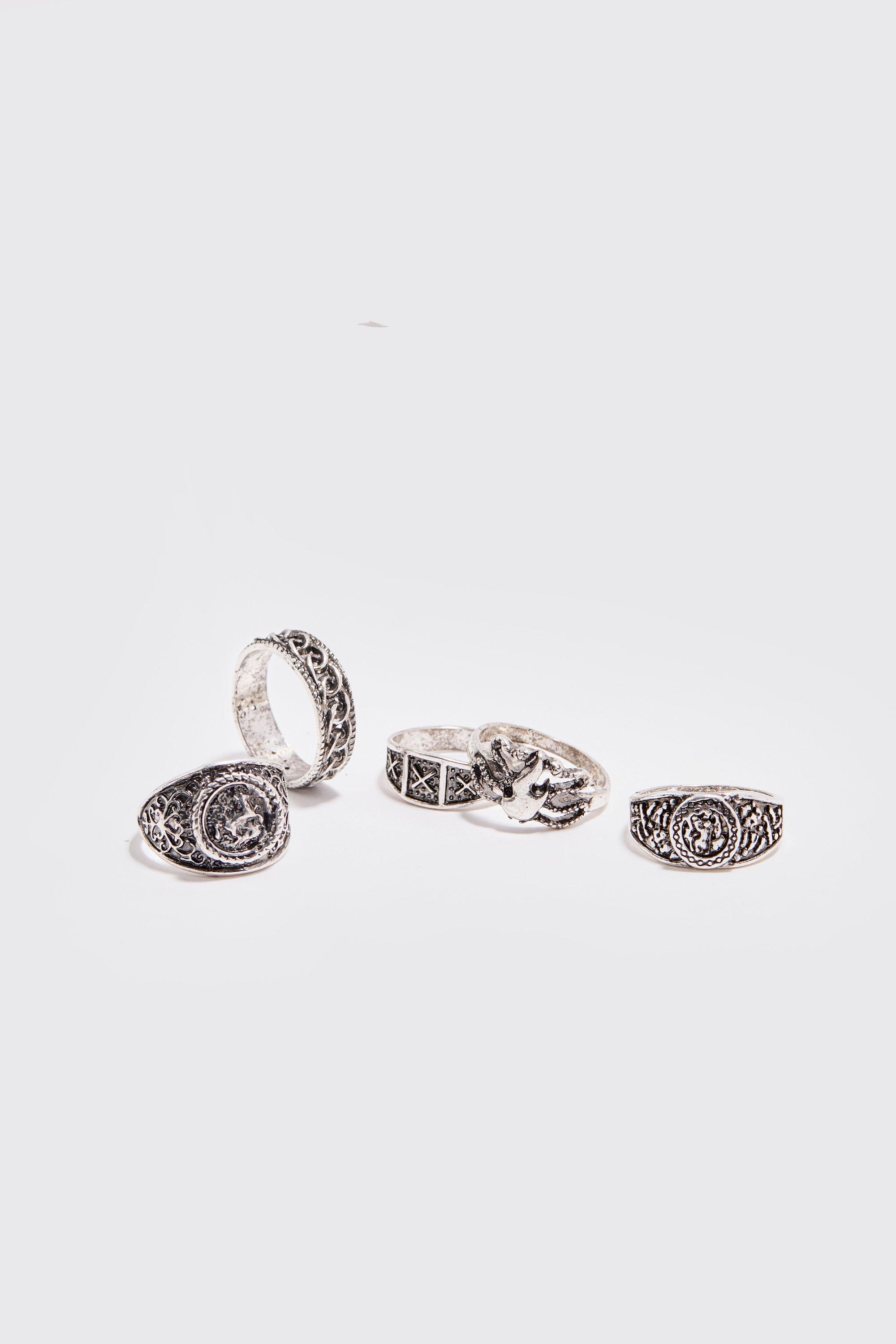 Mens Grey 5 Pack Embossed Rings in Silver, Grey