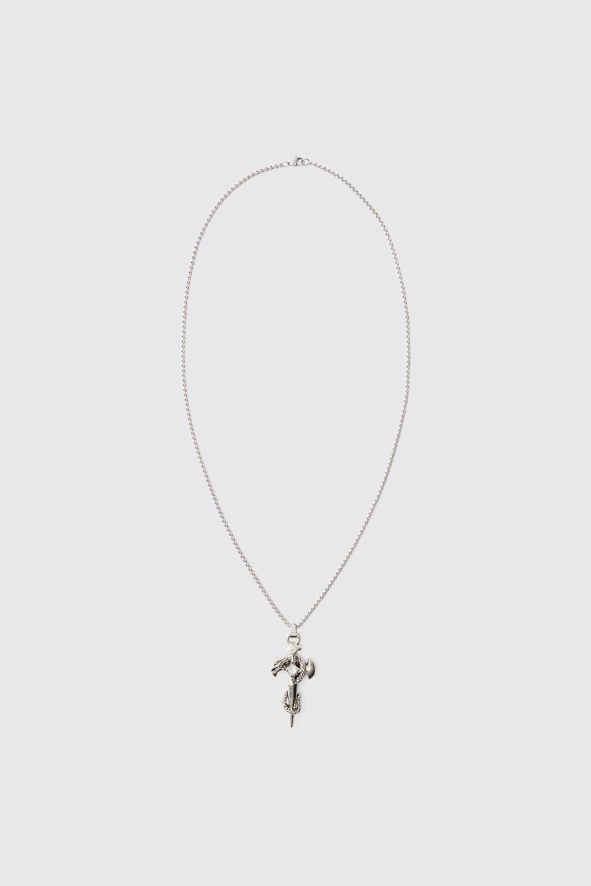 Mens Grey Gothic Cross Pendant Necklace in Silver, Grey