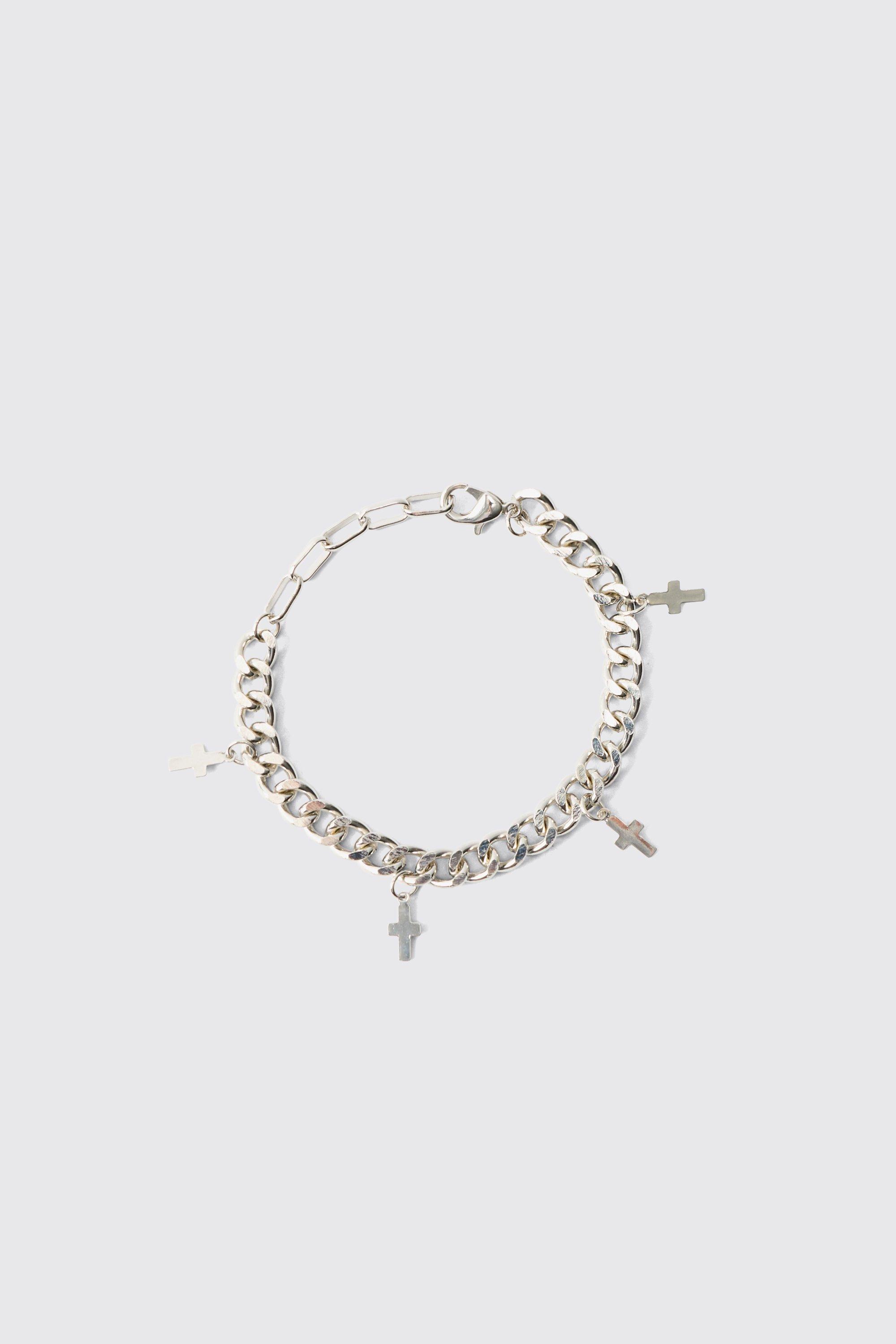 Mens Grey Cross Charm Bracelet in Silver, Grey