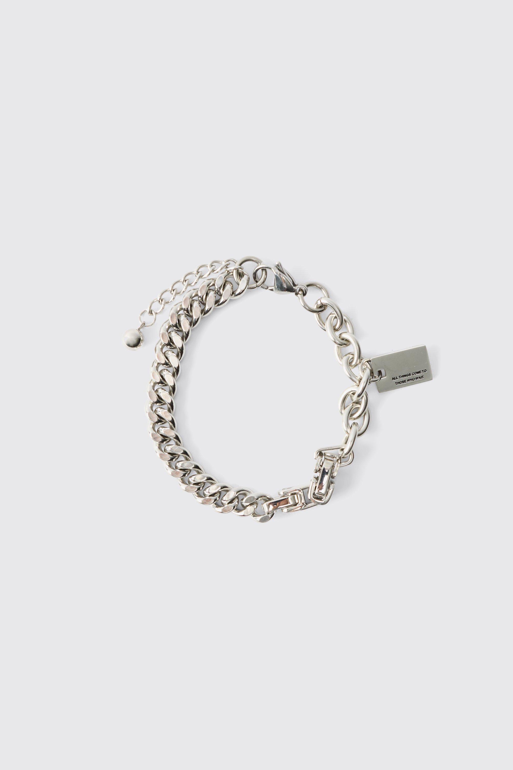 Mens Grey Chunky Chain Bracelet with Charm in Silver, Grey