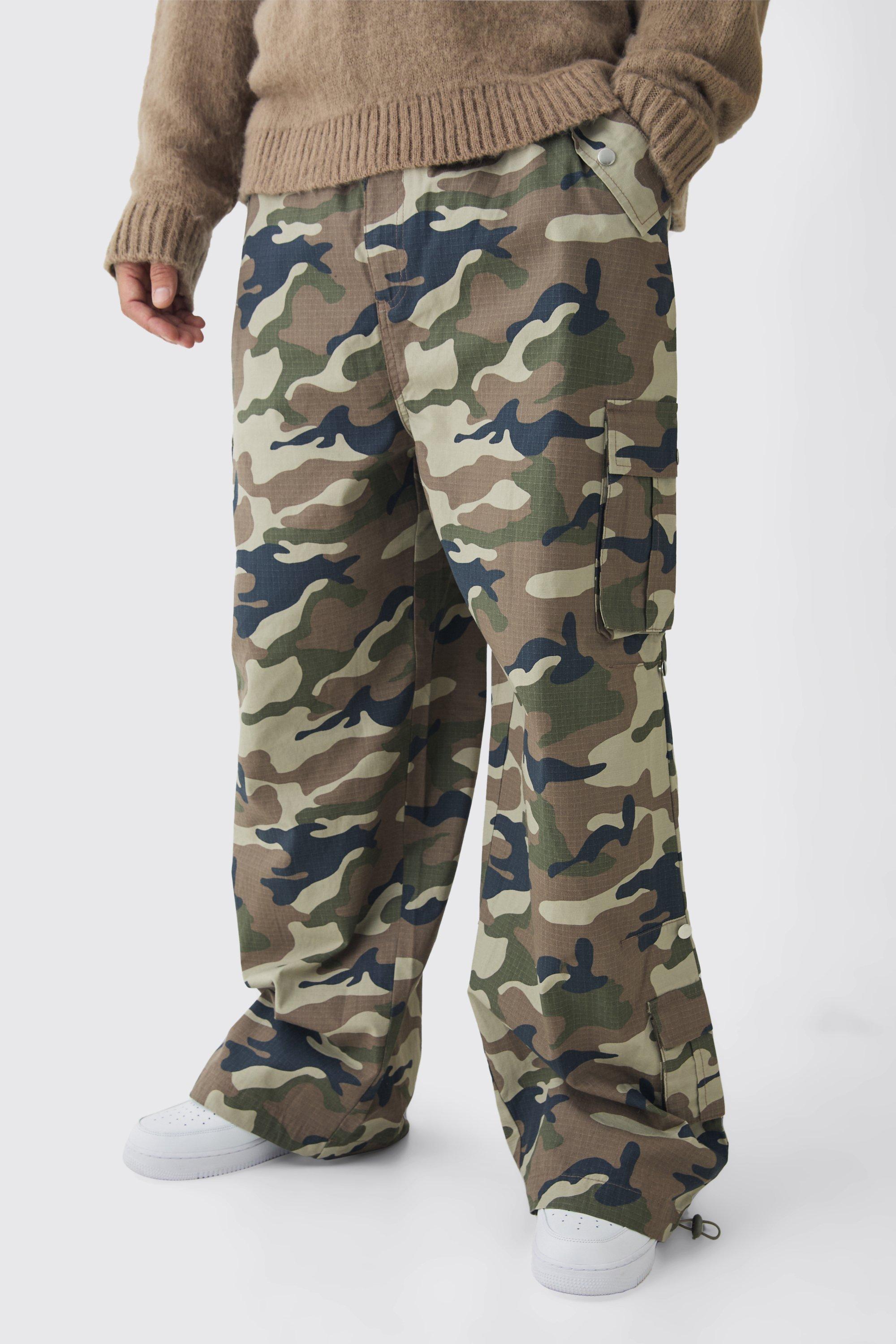 Boohoo Tall Ribfluwelen Camo Cargo Parachute Broek Met Elastische Taille, Khaki