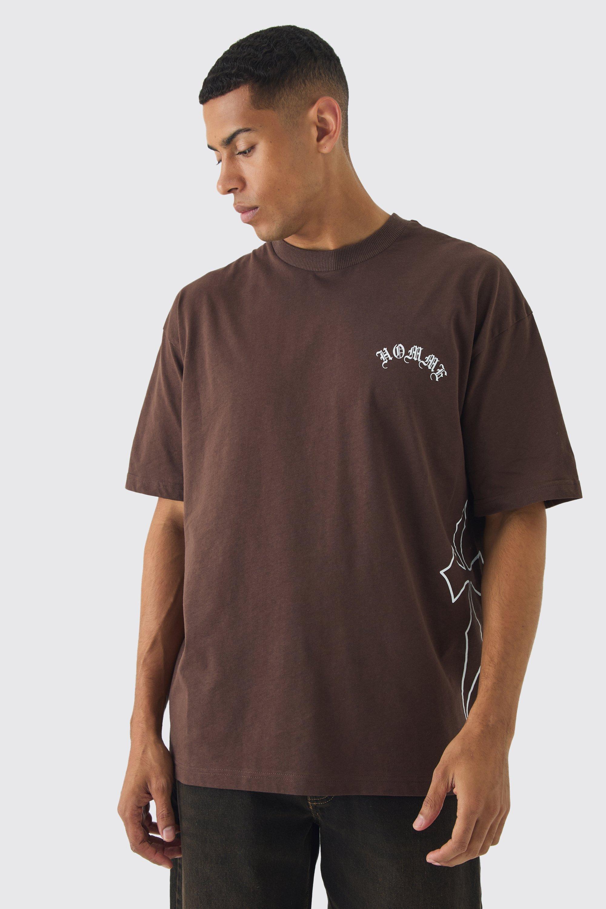 T-shirt oversize Homme con stampa gotica e croce, Brown