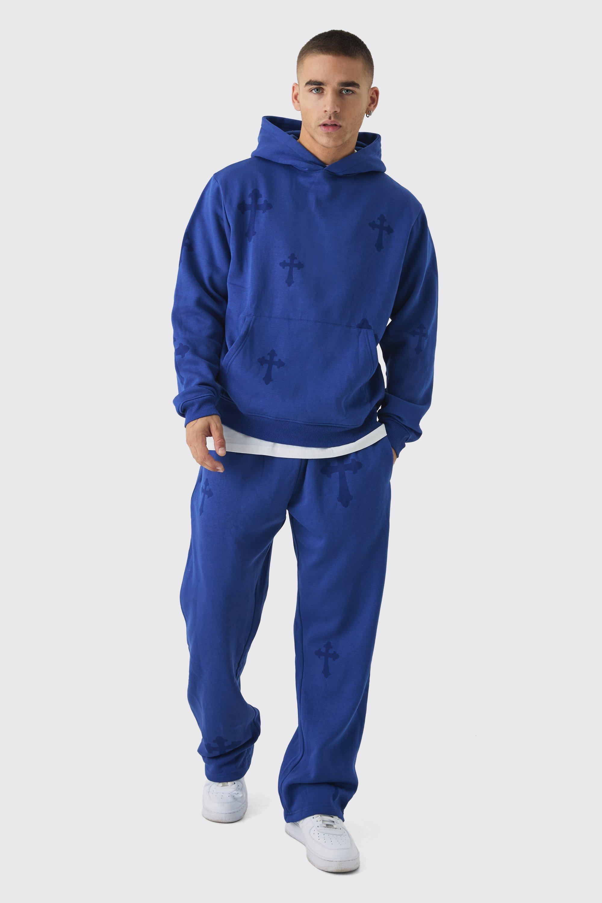 Mens Blue Regular Fit Cross Printed Hooded Tracksuit, Blue