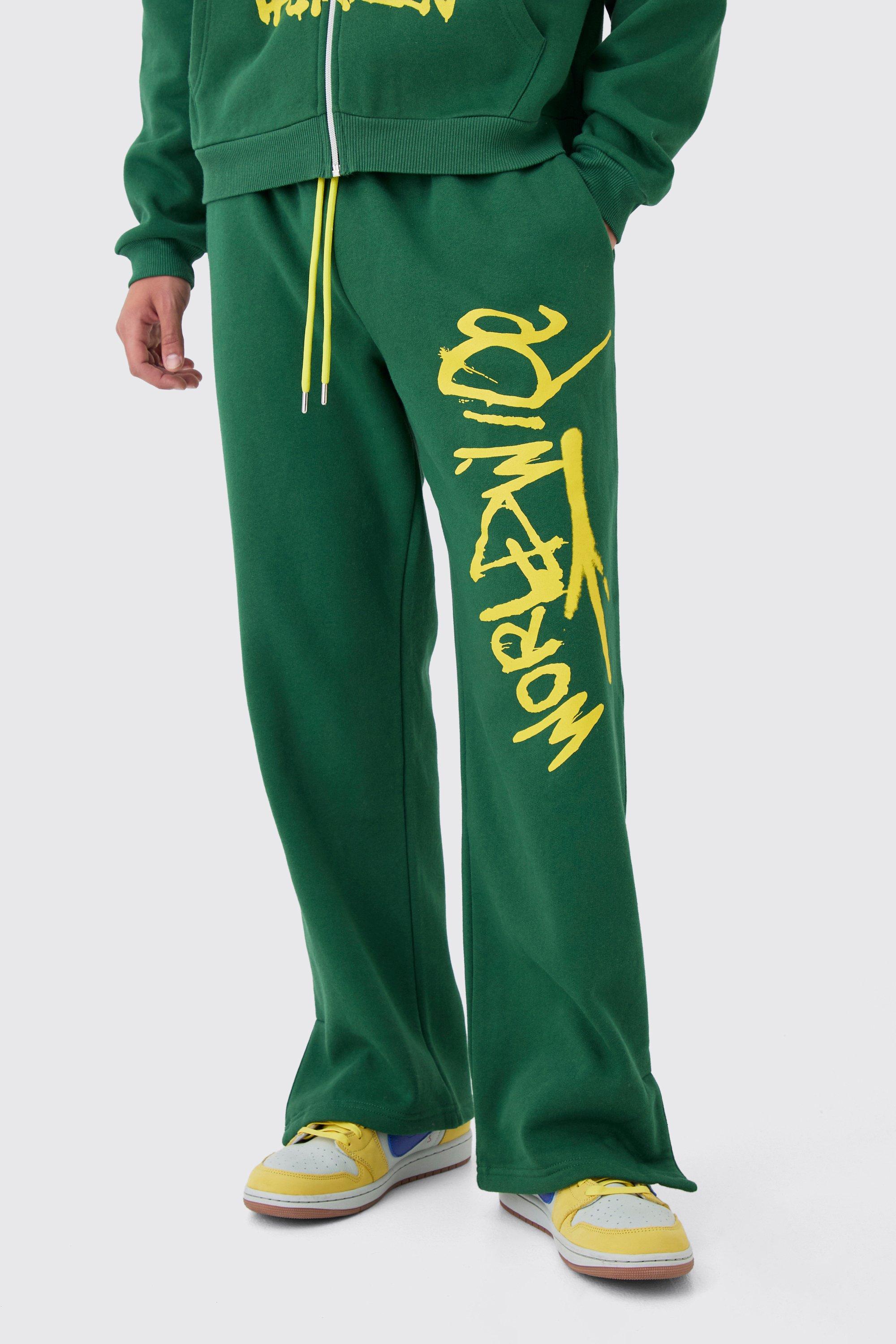 Pantaloni tuta rilassati con stampa stile Graffiti e spacco sul fondo, Verde