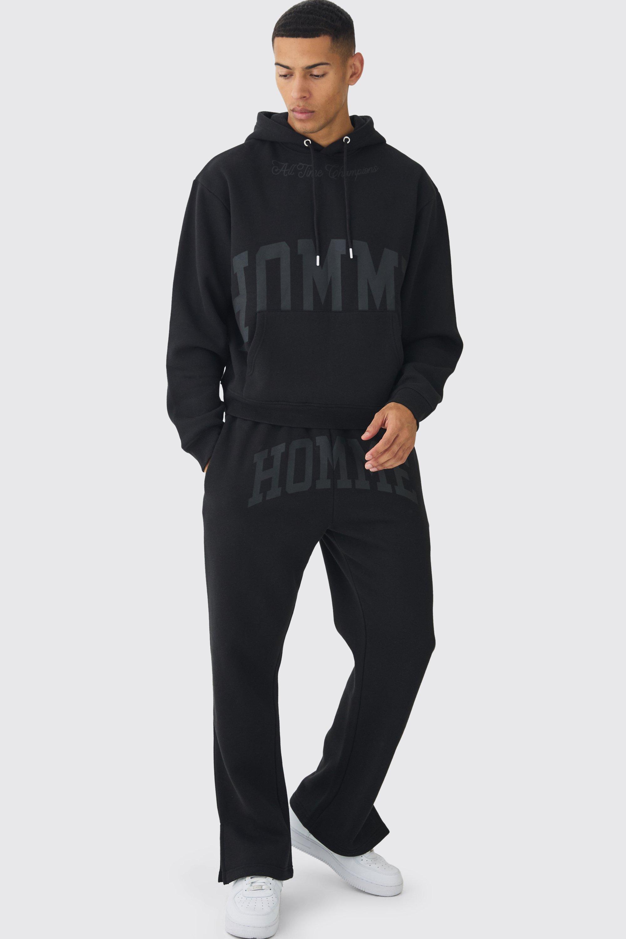 Mens Black Oversized Boxy Split Hem Homme Tracksuit, Black