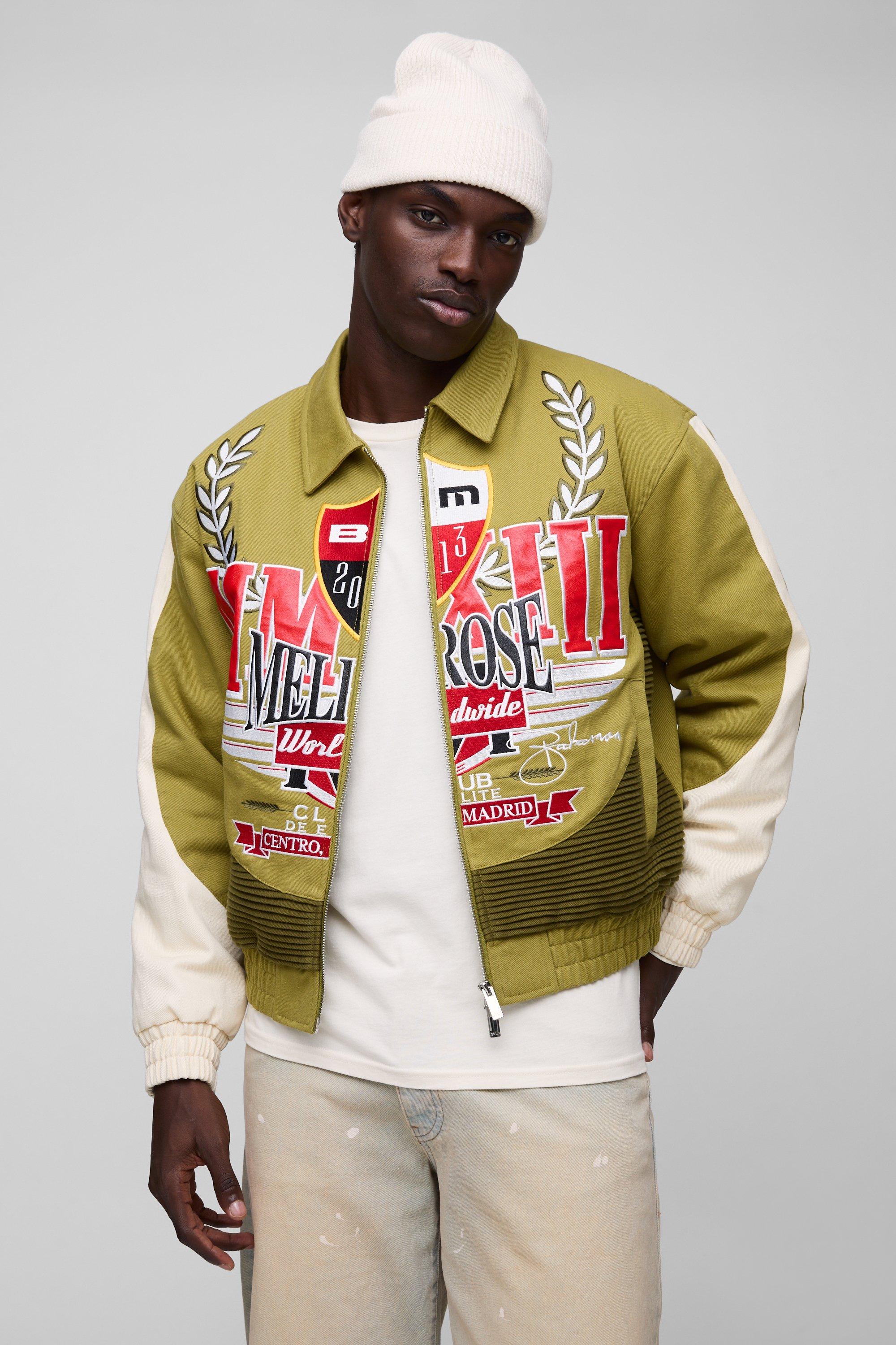 Mens Green Boxy Twill Ribbed Moto Jacket, Green