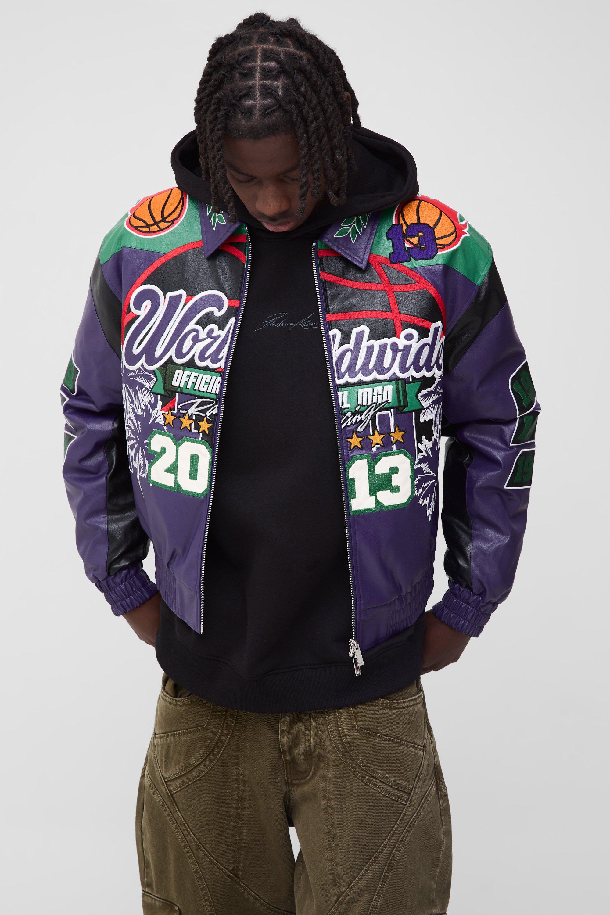 Mens Boxy Worldwide PU Badge Varsity Jacket In Purple, Purple