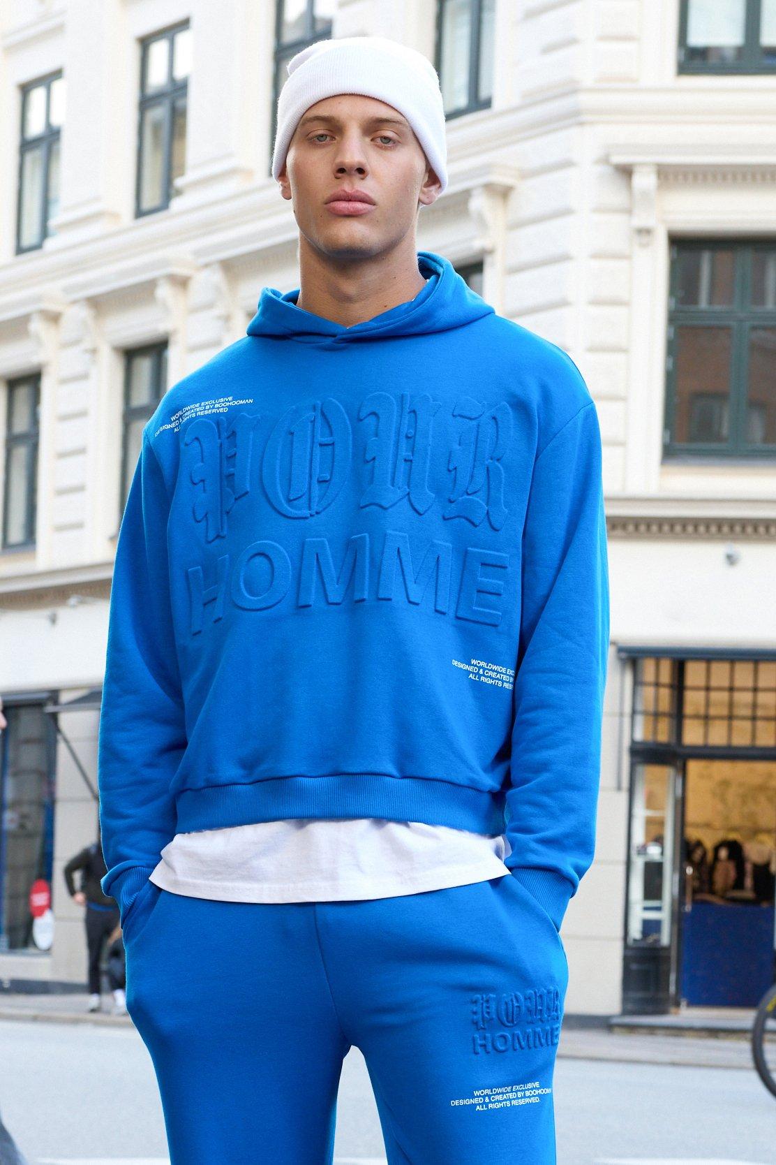 Felpa squadrata oversize con stampa Homme in rilievo e cappuccio, Azzurro