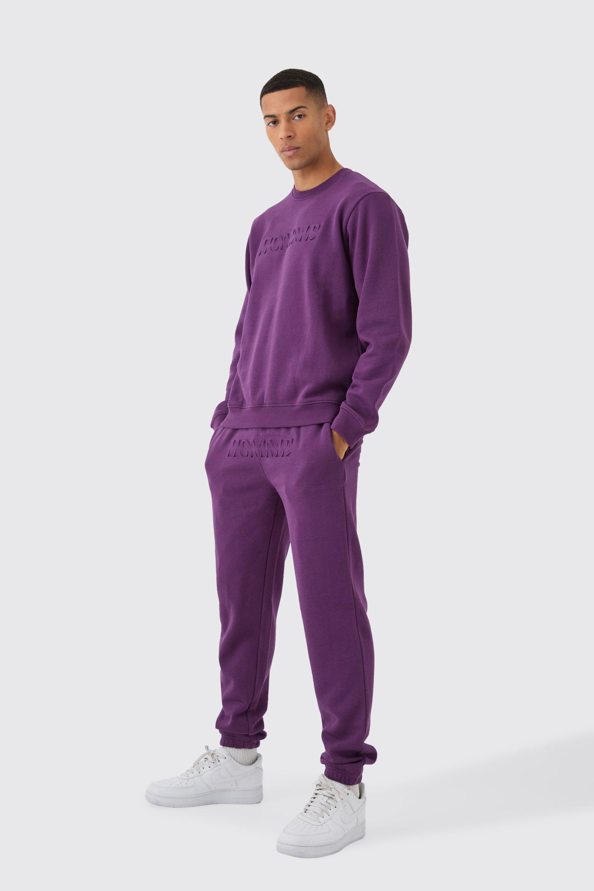 Mens Purple Regular Homme Embossed Sweatshirt Tracksuit, Purple